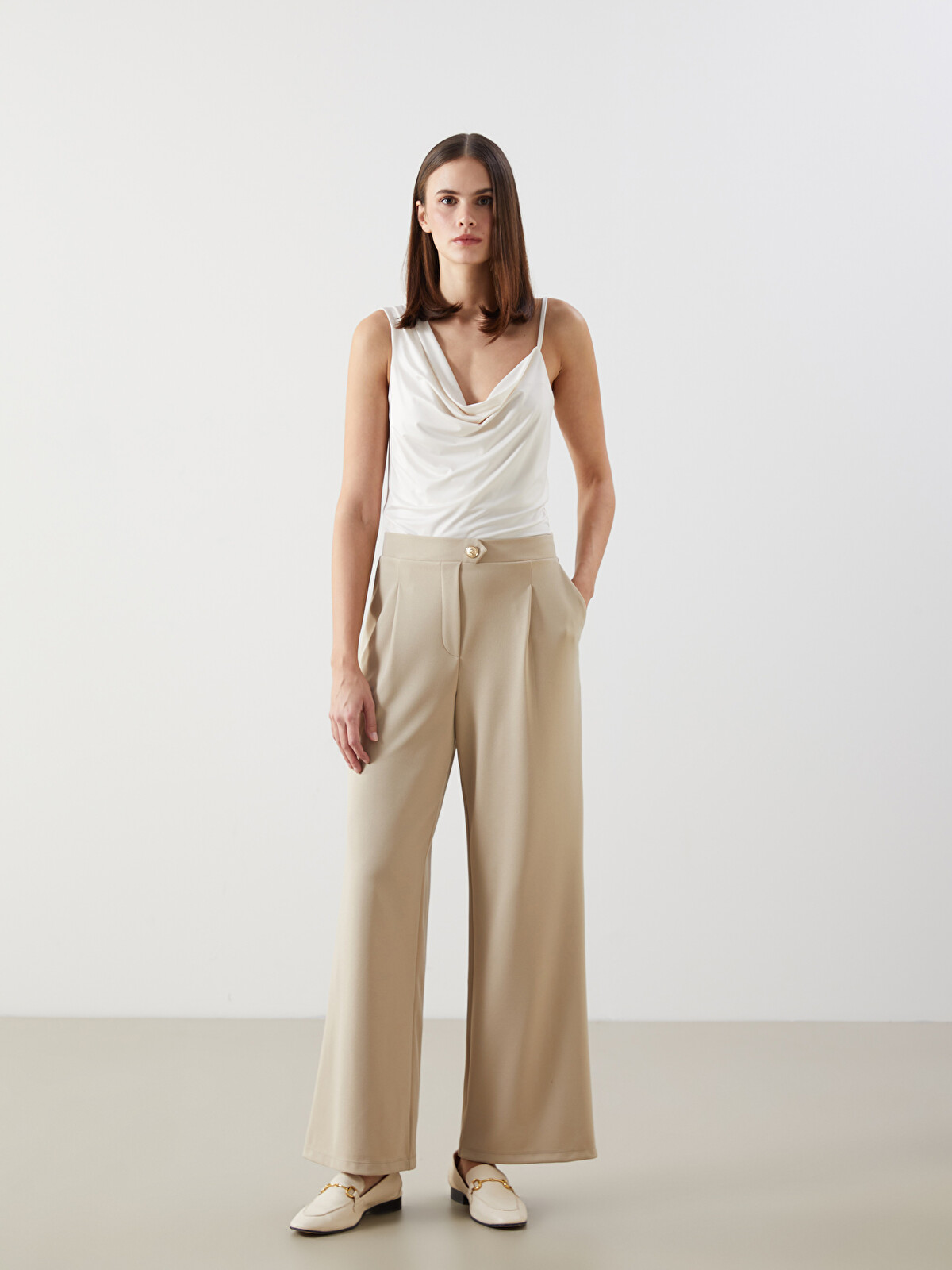 LCW Vision Bej Loose Fit Krep Kadın Pantolon - S5DE00Z8-GHR | LCW
