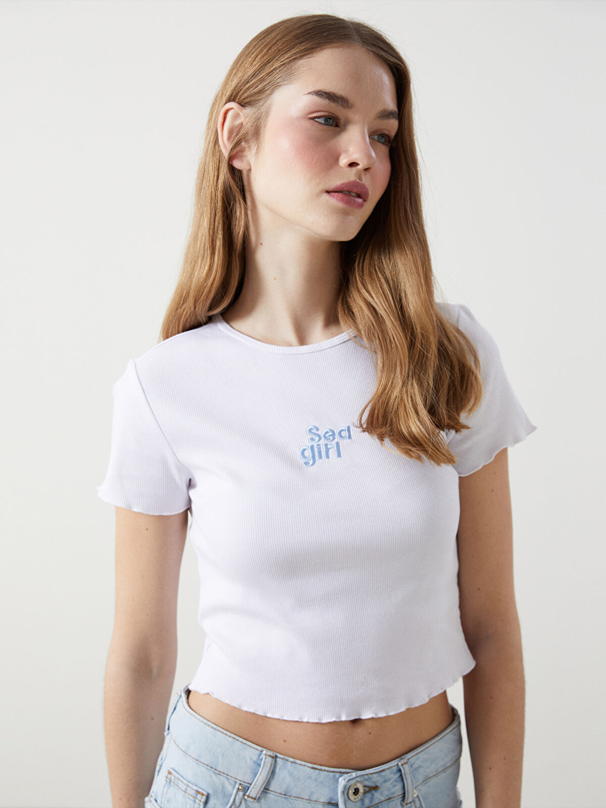 XSIDE Crew Neck Embroidered Women's Crop Top - S5DK18Z8-Q6K - LC