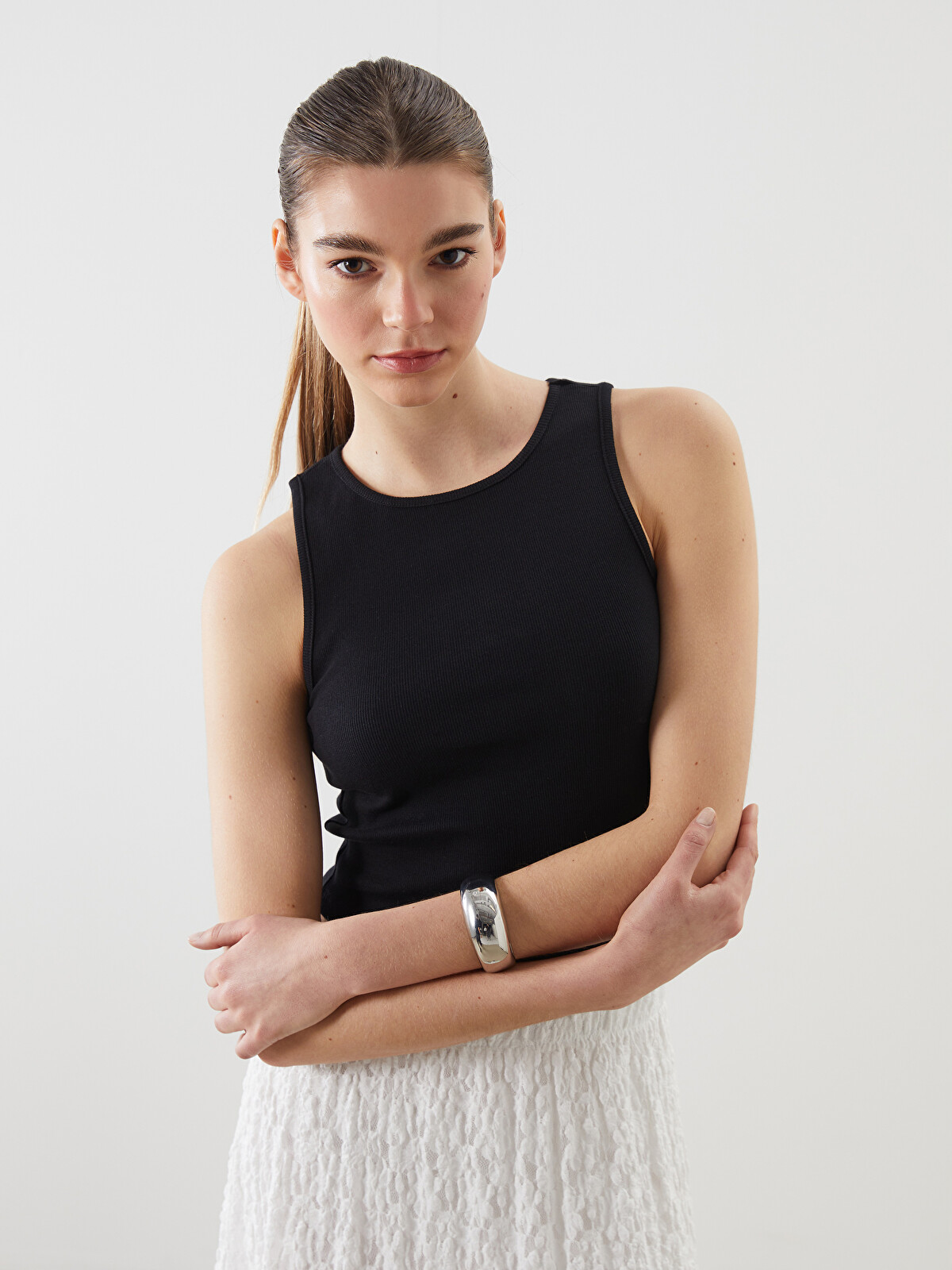 XSIDE Crew Neck Textured Crop Women's Tank Top - S5DL34Z8-CVL - LC