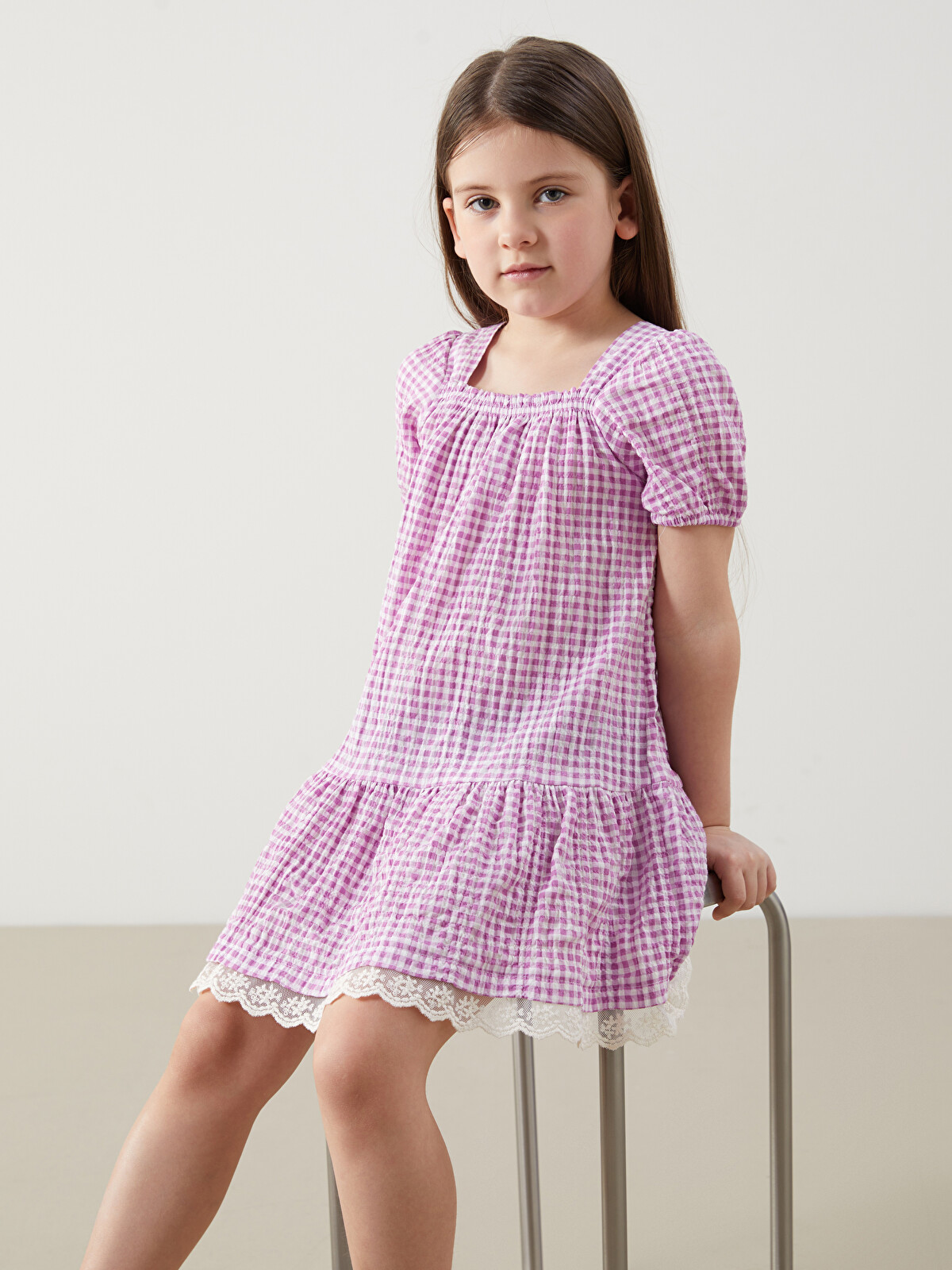 LCW Kids Plaid Lace Detailed Girls' Dress - S5DQ14Z1-LNV | LC Waikiki