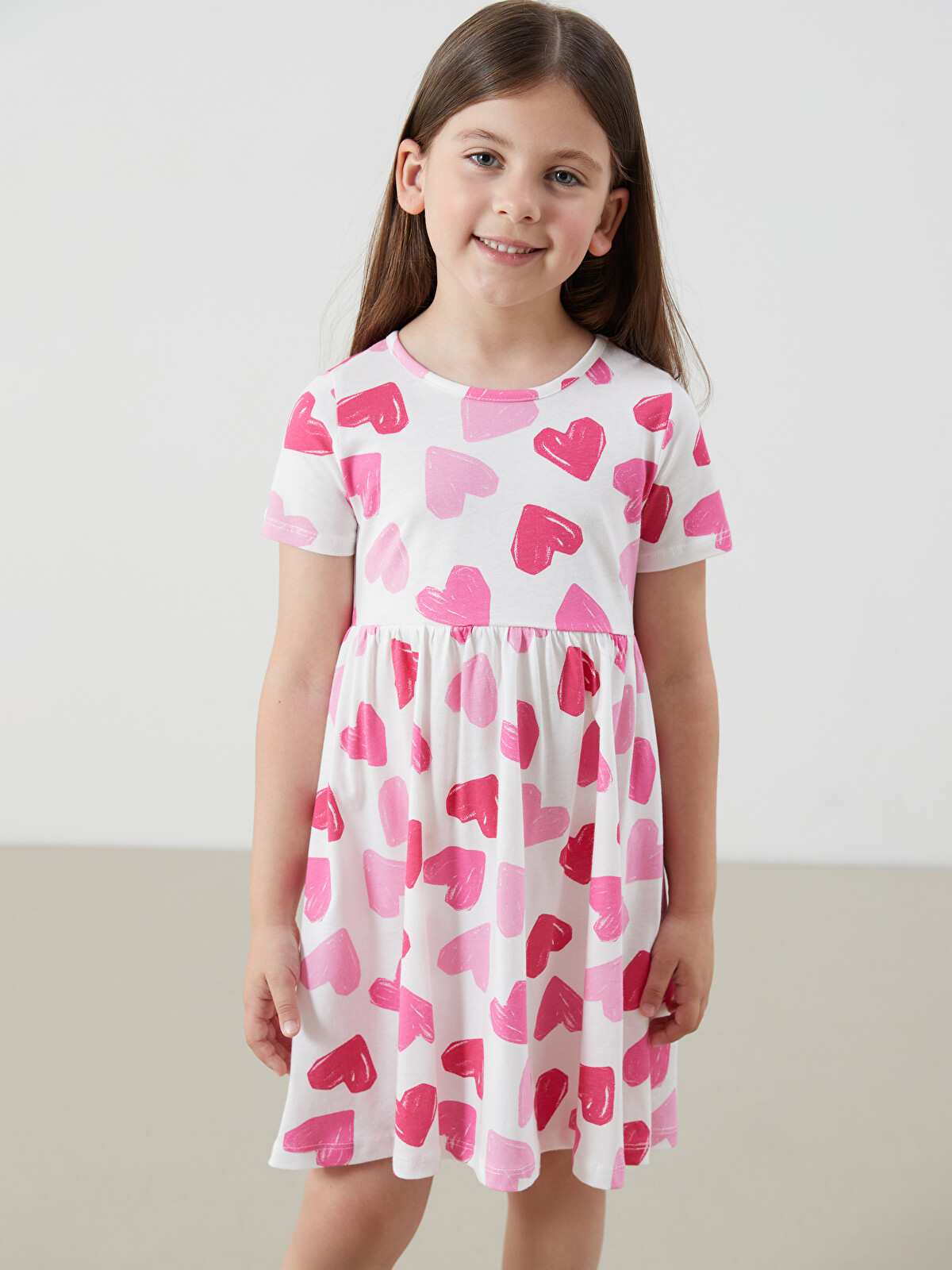 aページ LCW Kids Ekru Bisiklet Yaka Baskılı Kız Çocuk Penye Elbise