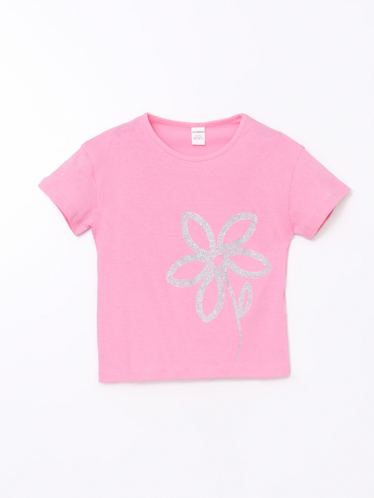 LCW Kids Pembe Bisiklet Yaka Çiçekli Penye Kız Çocuk Tişört