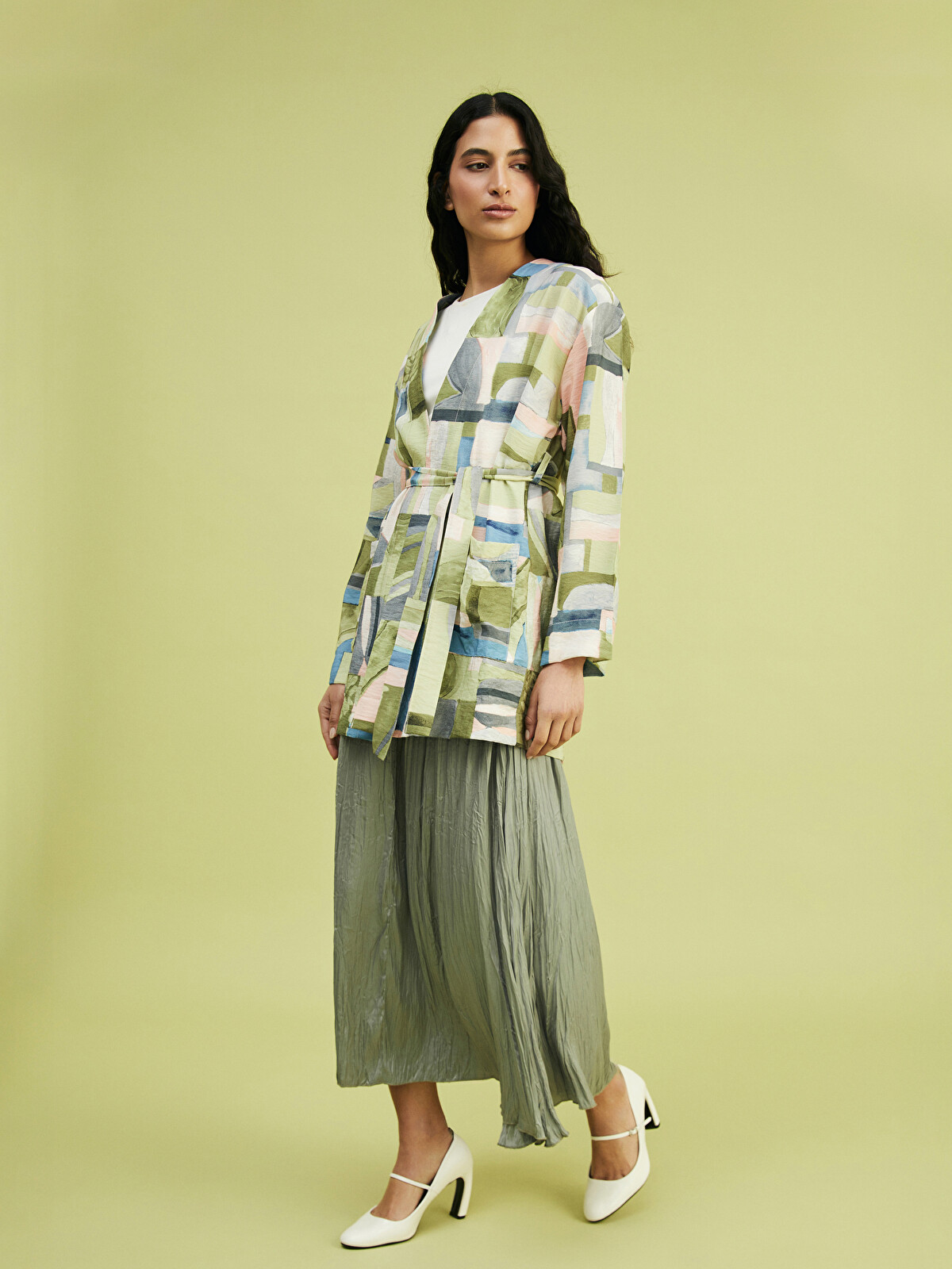 LCW Modest Yeşil Şal Yaka Desenli Oversize Kadın Kimono - S5FE28Z8