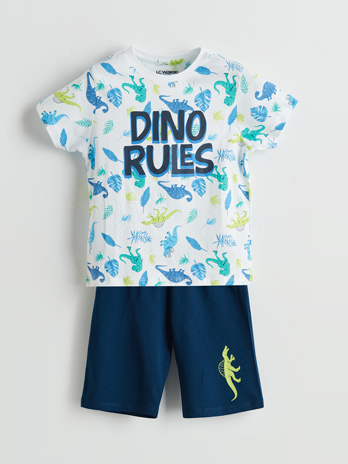 LCW Kids Beyaz Dinozor Baskılı Erkek Çocuk Şortlu Pijama Takımı