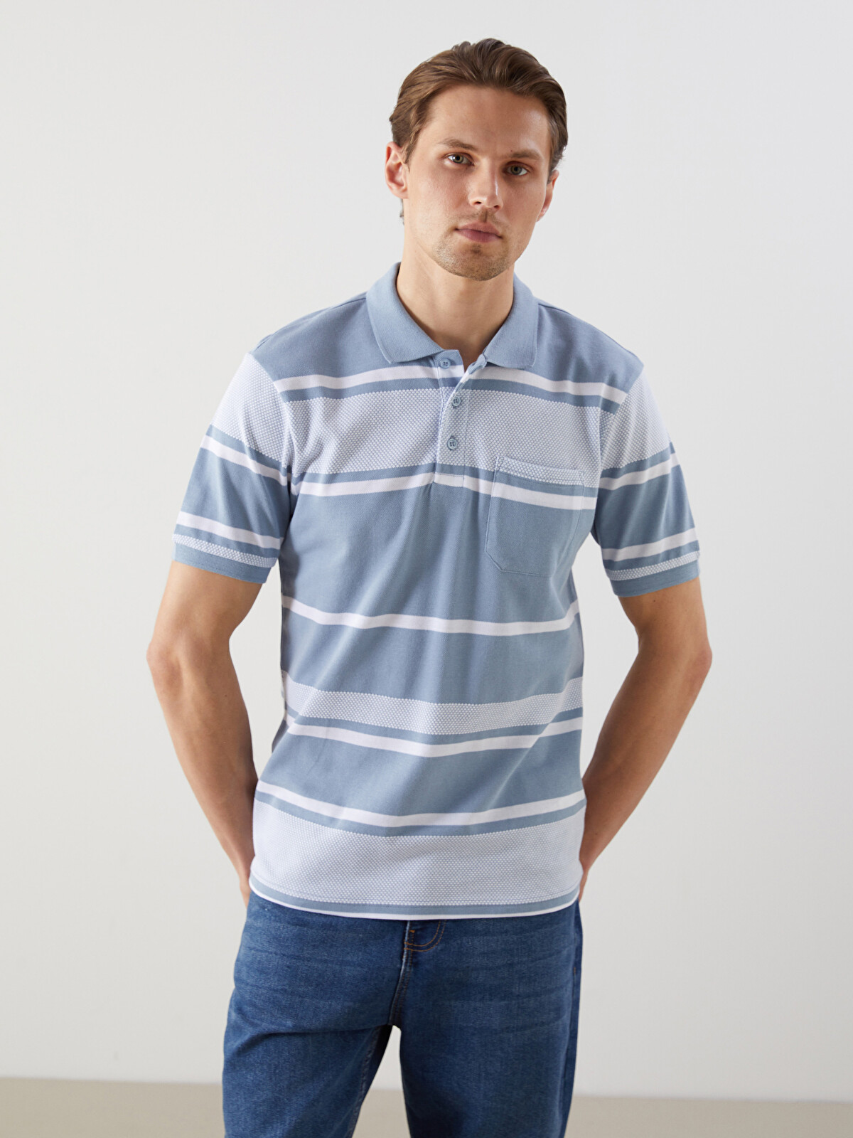 LCWAIKIKI Classic Mavi Polo Yaka Çizgili Erkek Tişört - S5FF56Z8