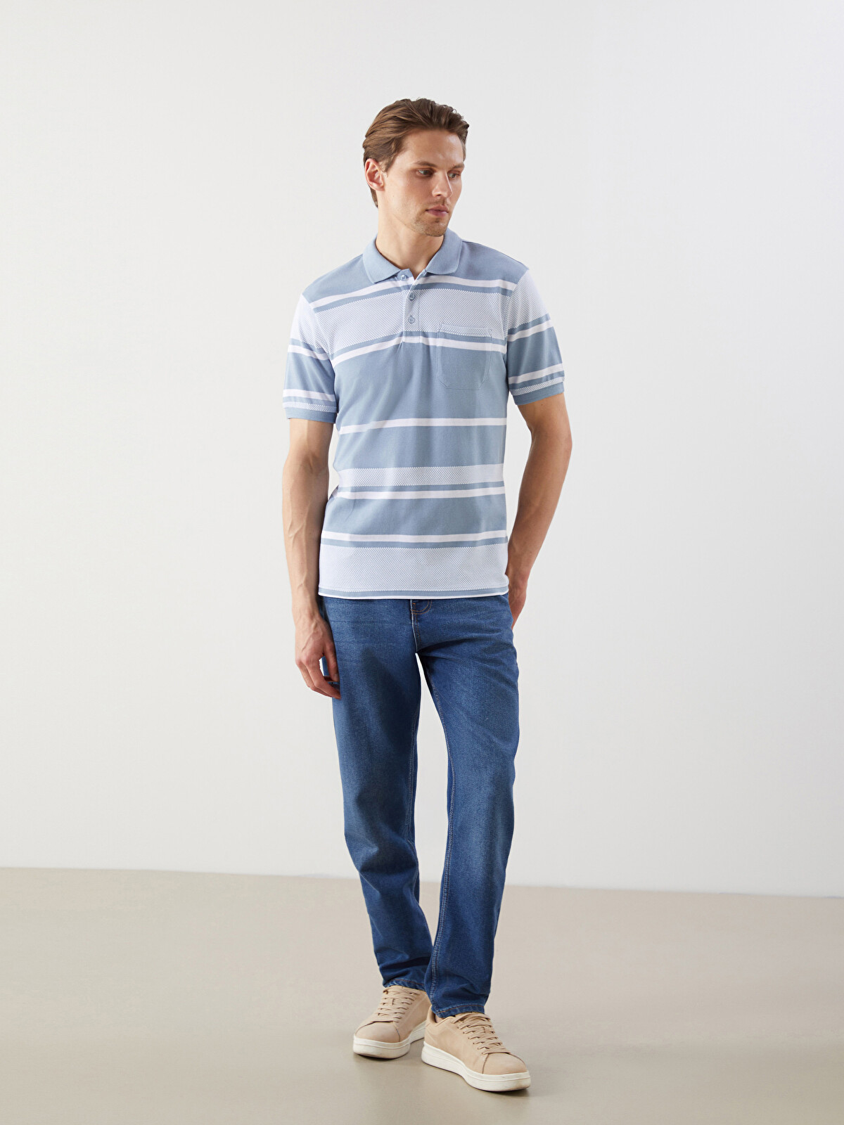 LCWAIKIKI Classic Mavi Polo Yaka Çizgili Erkek Tişört - S5FF56Z8