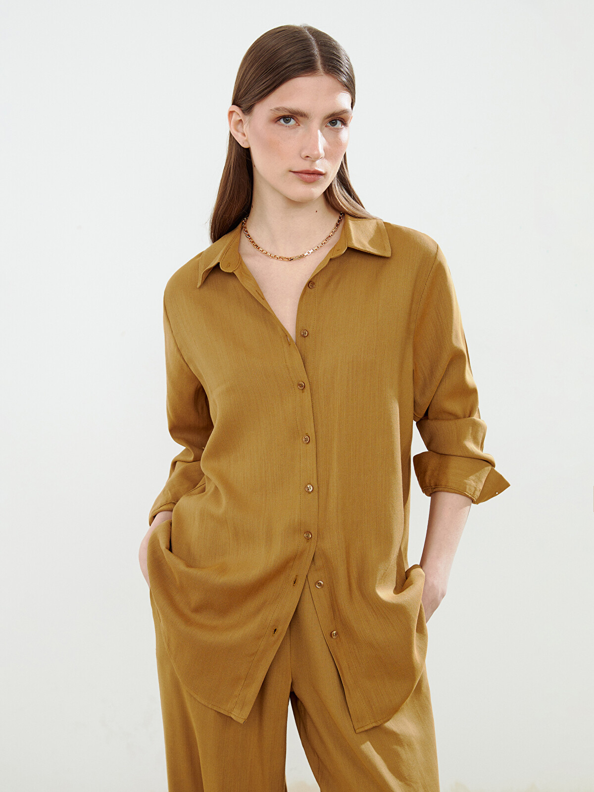 LCW Modest Yeşil Keten Karışımlı Kadın Gömlek Tunik - S5FH38Z8-RYX