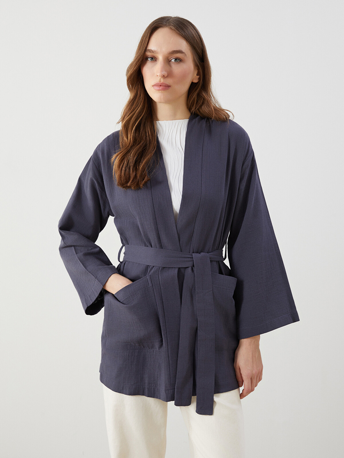 LCW Modest Antrasit Şal Yaka Oversize Müslin Kadın Kimono
