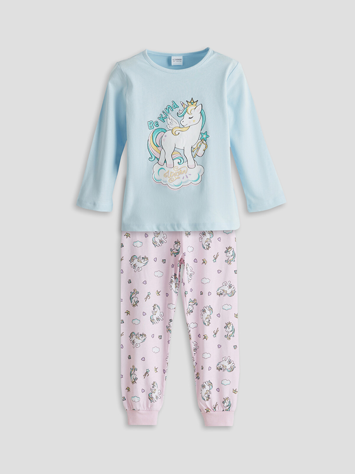 LCW Kids Mavi Bisiklet Yaka Baskılı Kız Çocuk Pijama Takımı