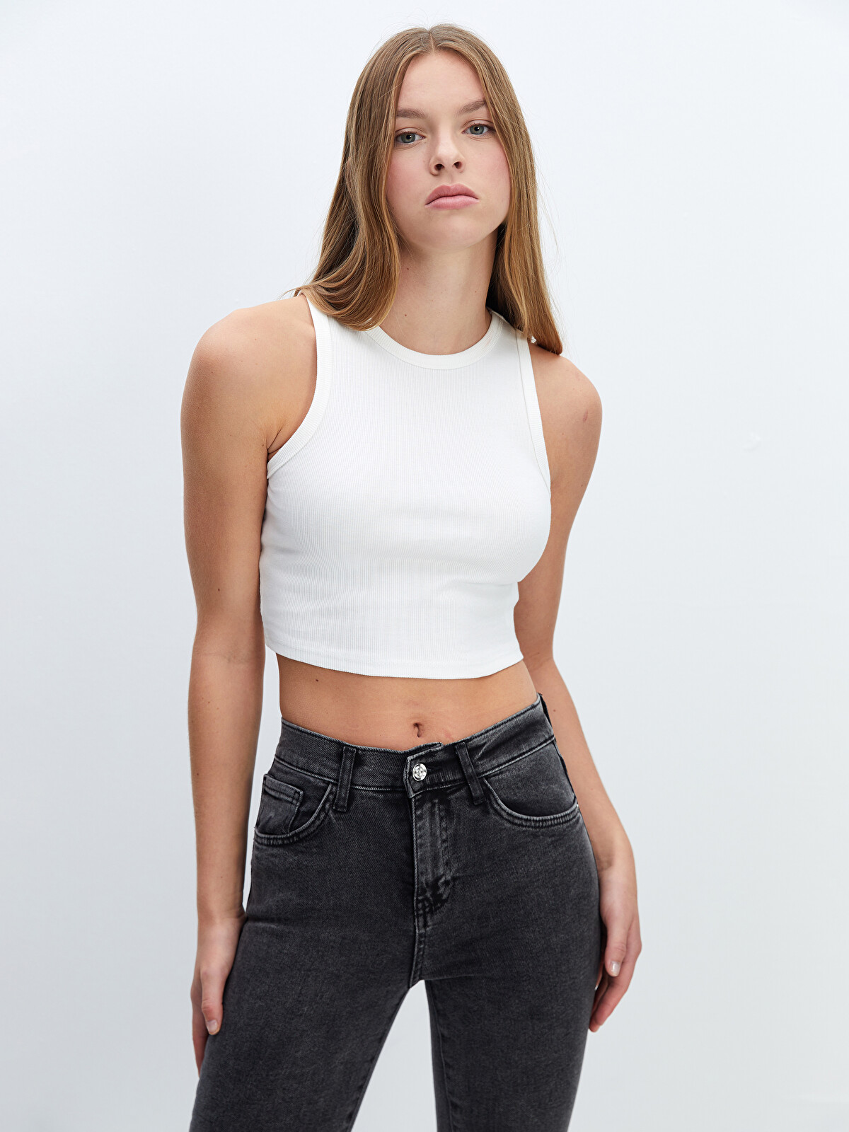 LCW Vision Beyaz Kaşkorse Düz Süper Skinny & Ekstra Dar Kolsuz