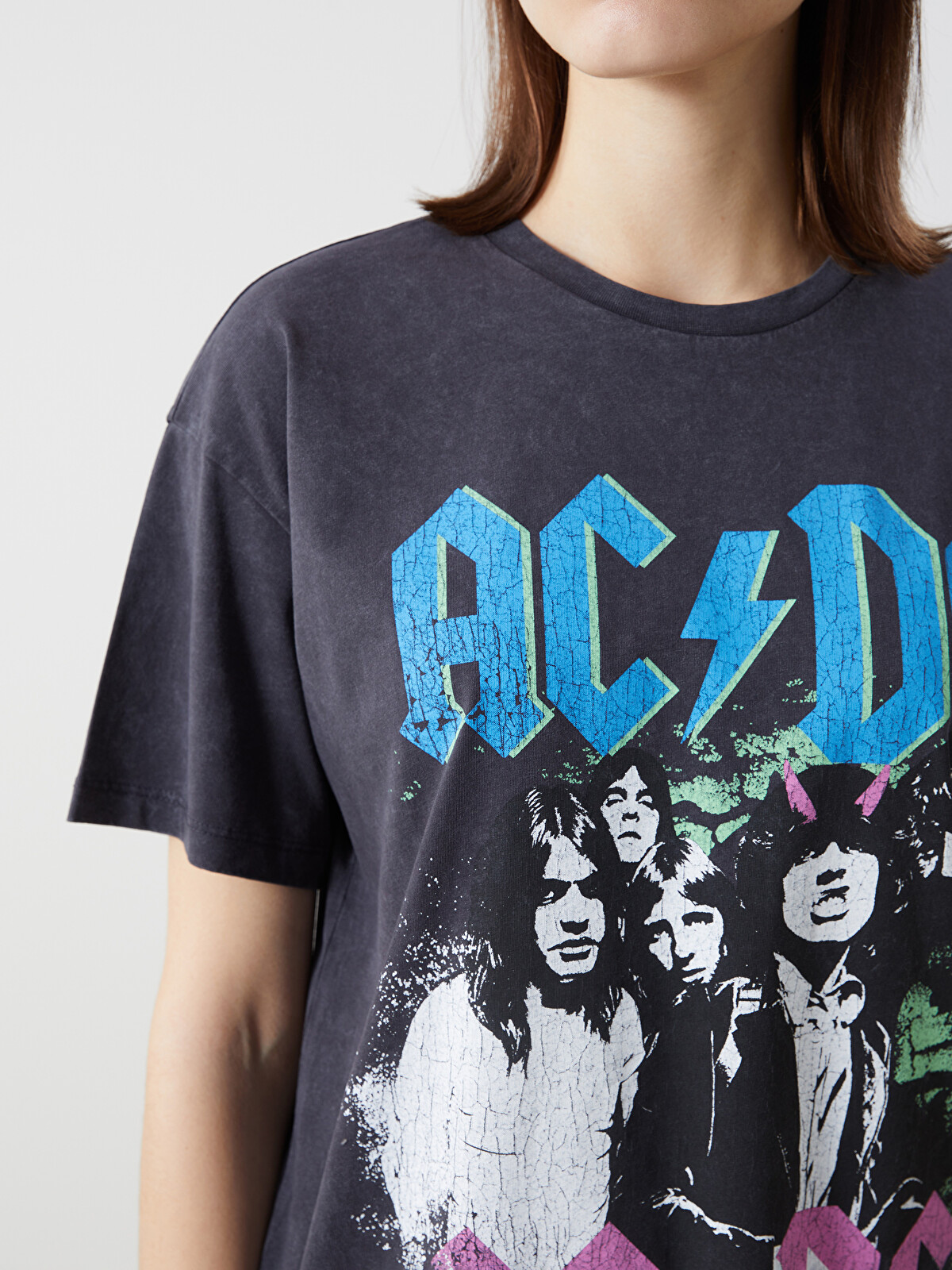XSIDE Tricou imprimat AC/DC cu guler rotund pentru femei