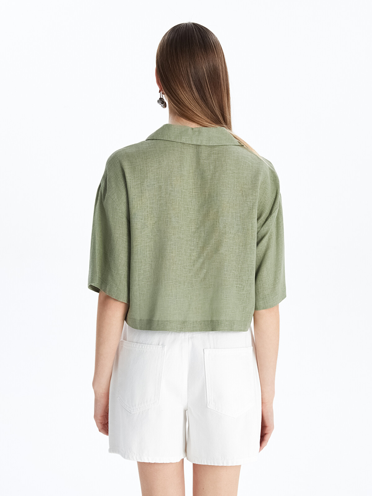 極美品✴︎ドゥーズィエムクラス 25ss Linen ショート シャツ カーキ XSIDE Linen Blend Crop Women's Shirt - S5G654Z8-VVR | LC Waikiki