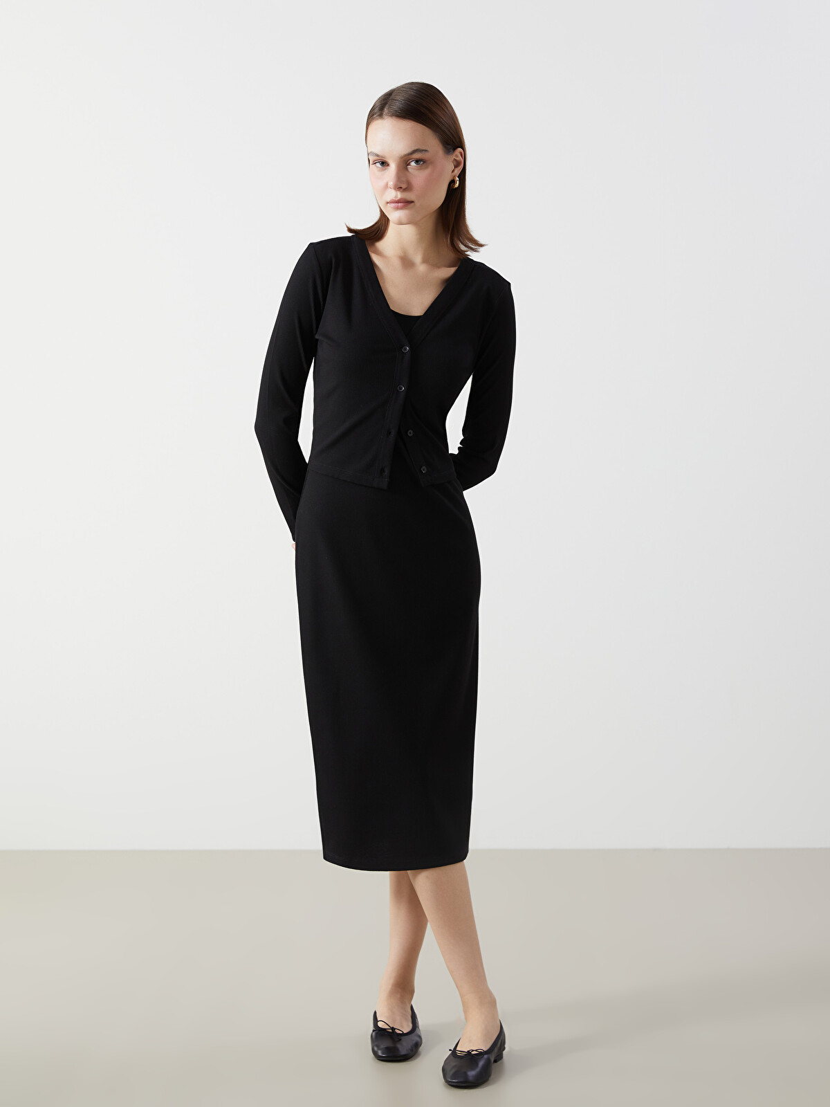 LCW Comfort Siyah Bisiklet Yaka Elbise ve Hırka - S5GN59Z8-CVL | LCW