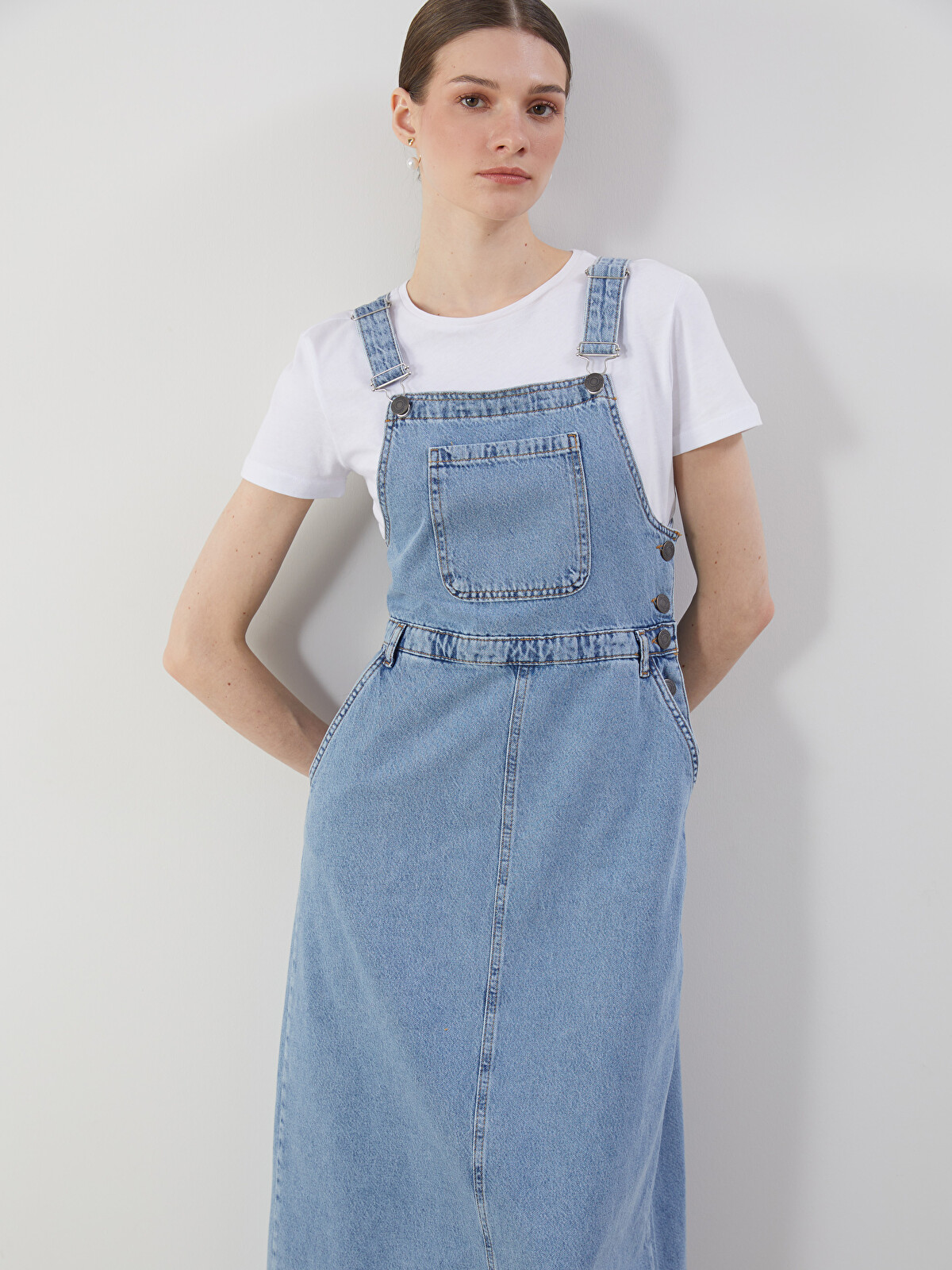 LCW Modest Square Collar Strappy Women's Denim Dungaree Dress
