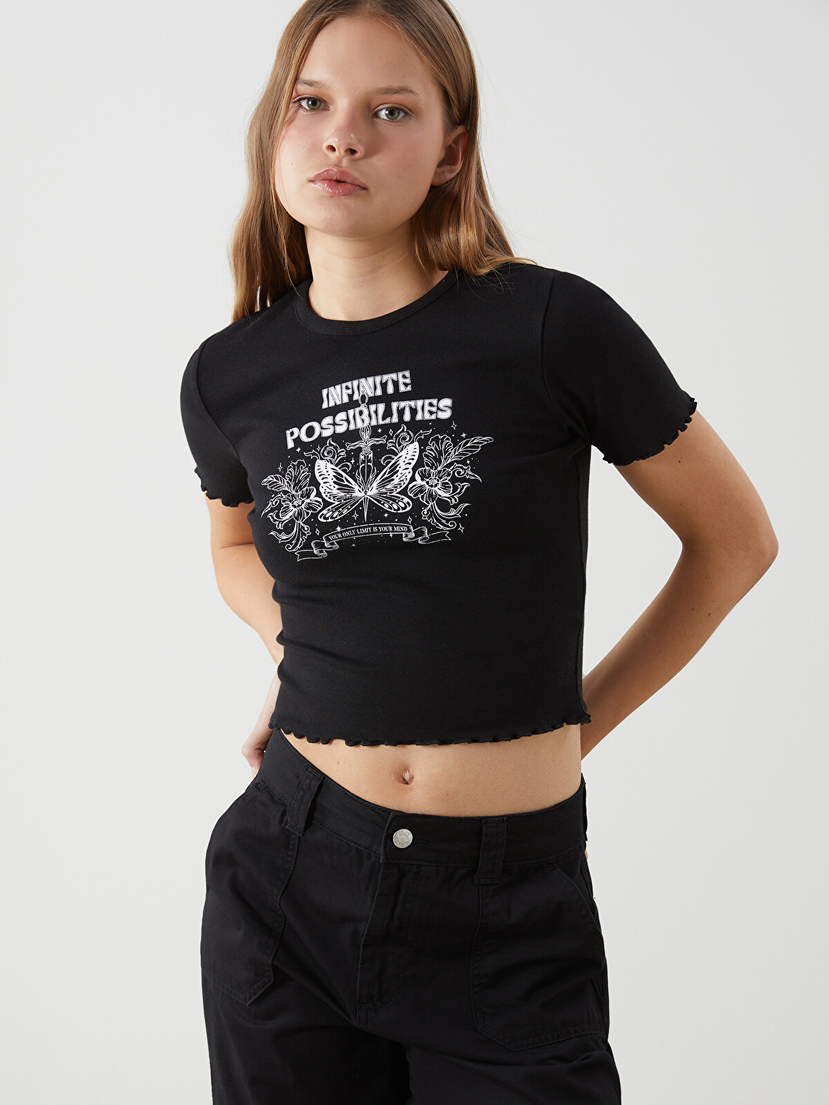 XSIDE Bisiklet Yaka Baskılı Kadın Crop - S5GP96Z8-CVL | LC Waikiki