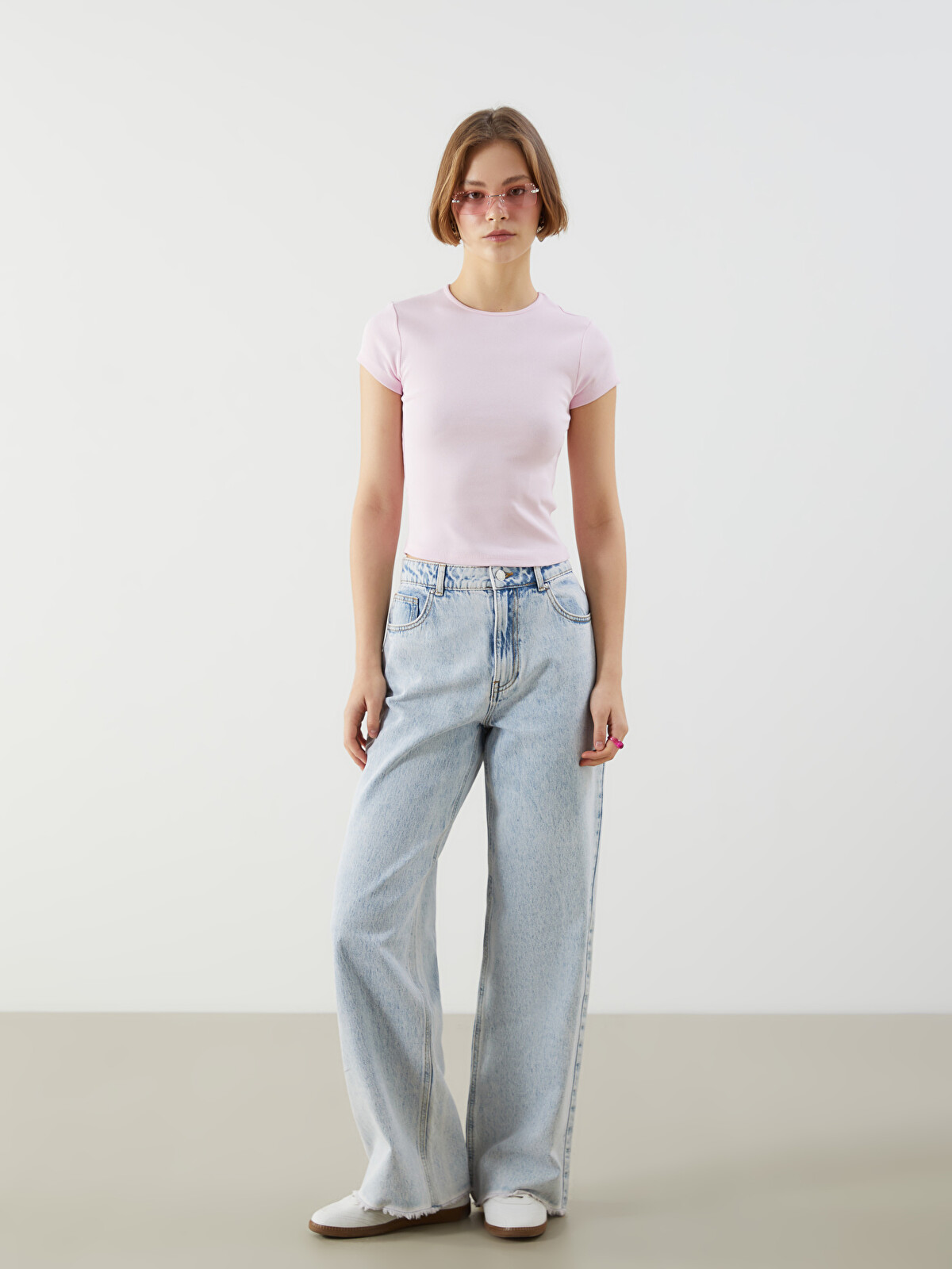 XSIDE Pembe Bisiklet Yaka Dokulu Kadın Crop - S5GR22Z8-DUQ | LCW