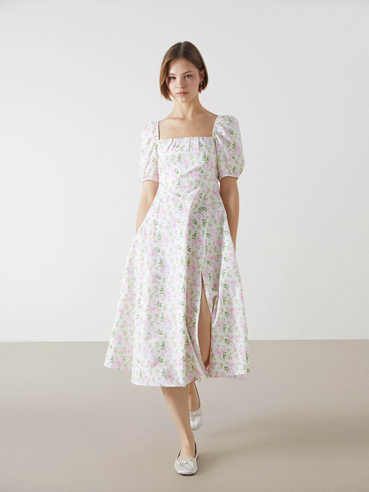 The Pink Square Neck Floral Ruched Midi Dress & Reviews