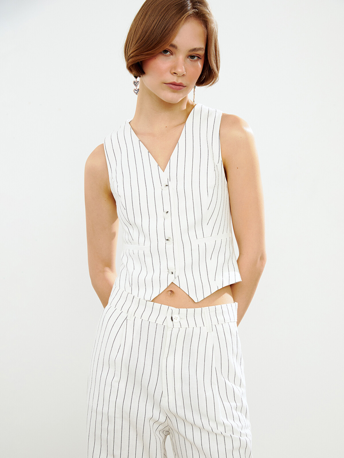 XSIDE V-Neck Striped Linen Blend Women's Classic Waistcoat