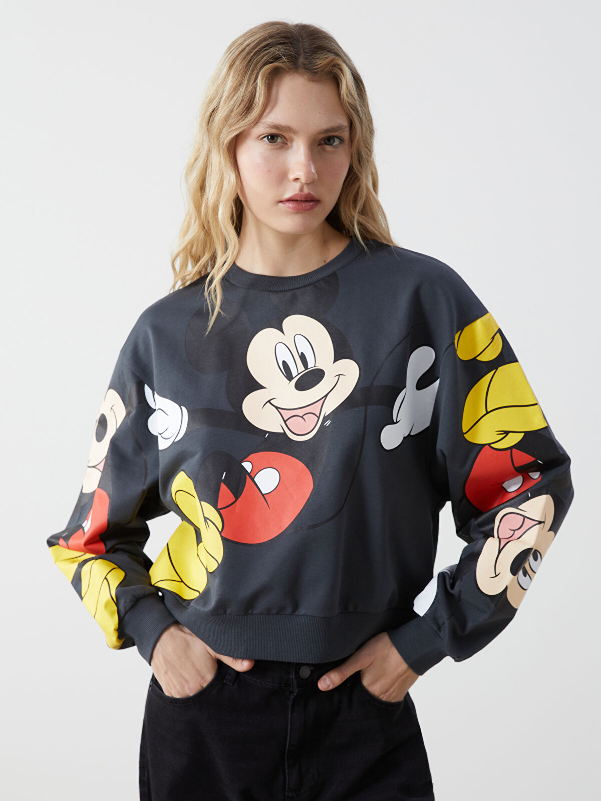 XSIDE Antrasit Bisiklet Yaka Mickey Mouse Baskılı Kadın Sweatshirt