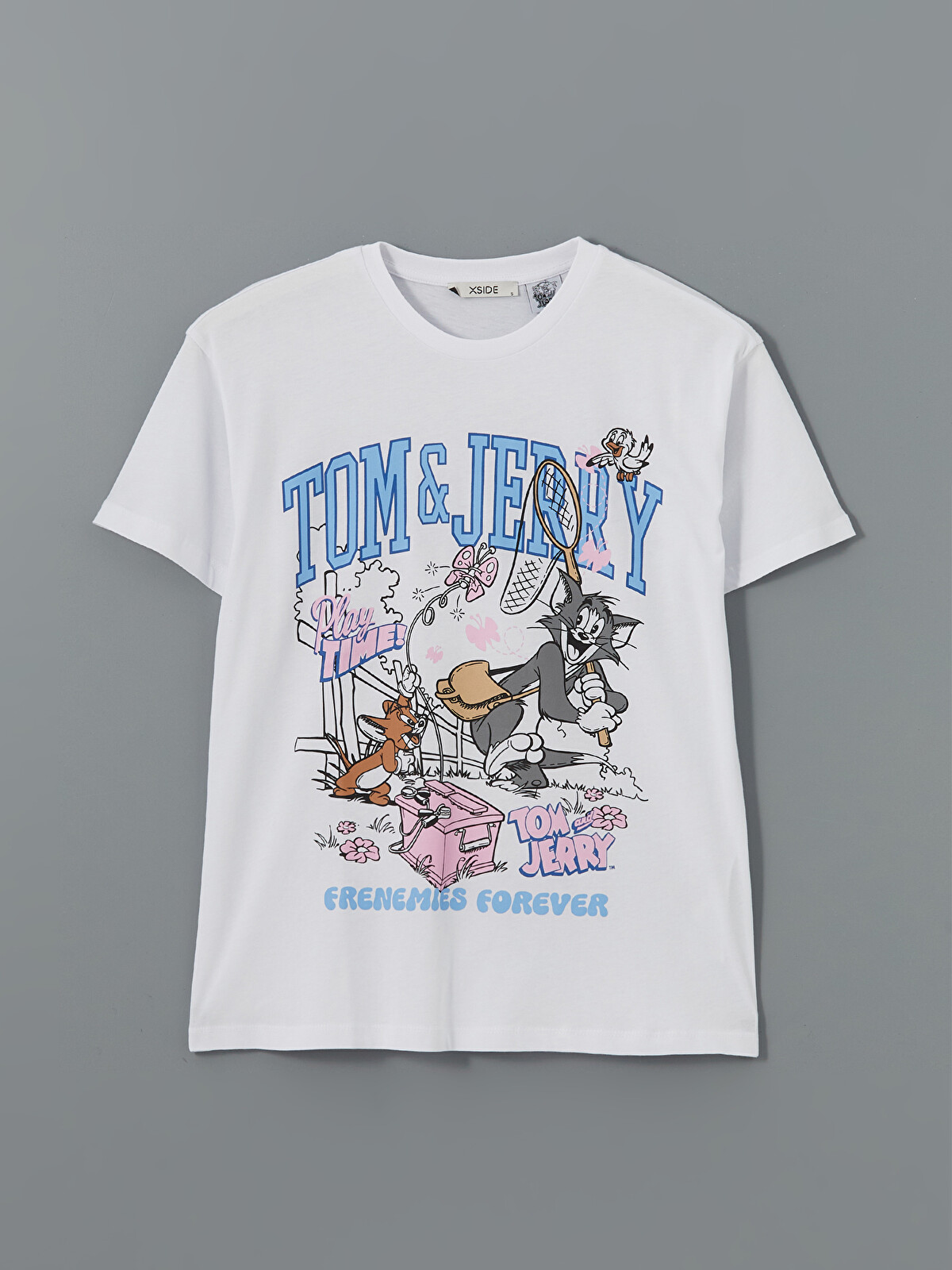 XSIDE Beyaz Bisiklet Yaka Tom & Jerry Baskılı Kadın Tişört