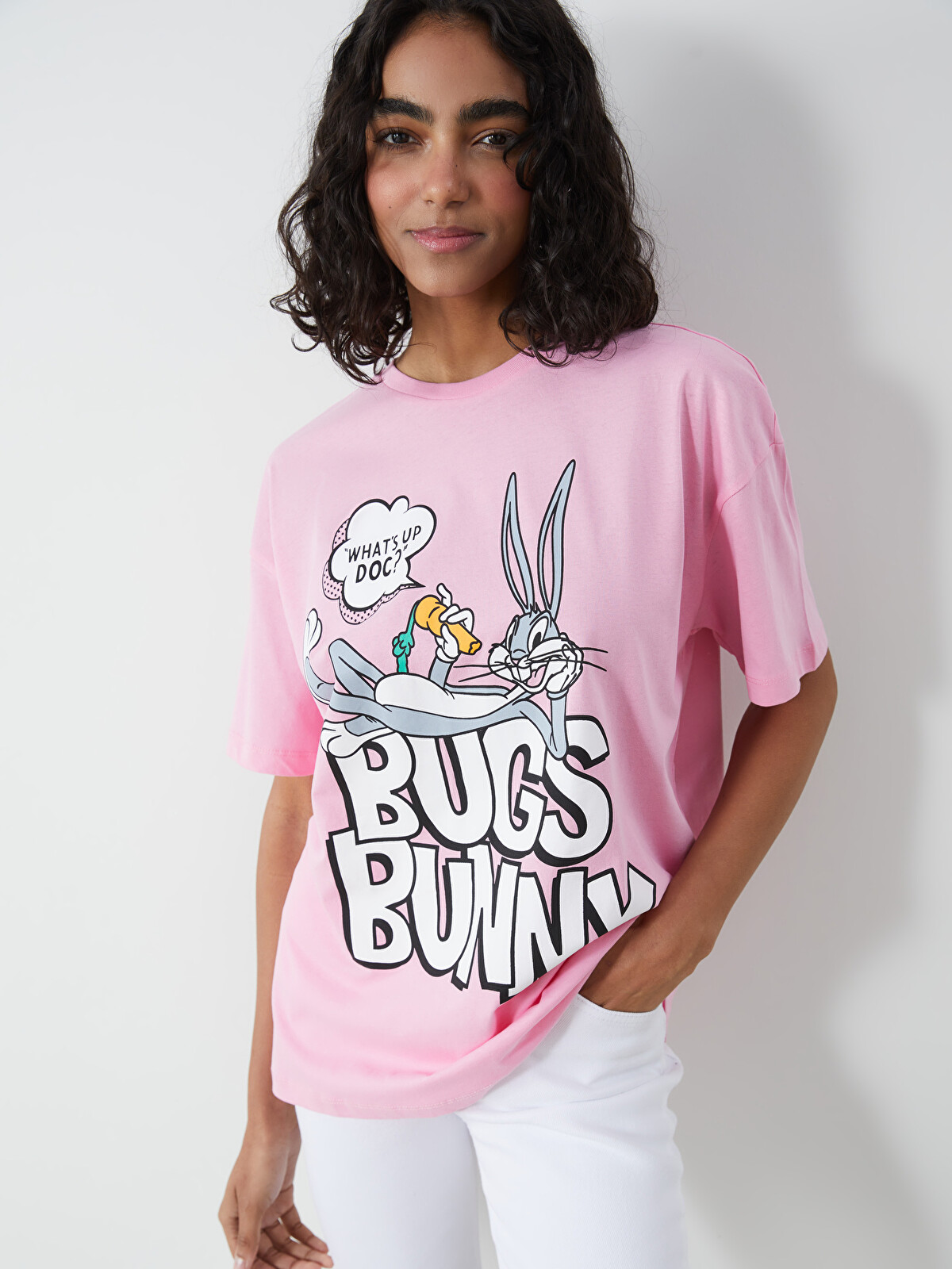 XSIDE Pembe Bugs Bunny Baskılı %100 Pamuklu Kadın Tişört
