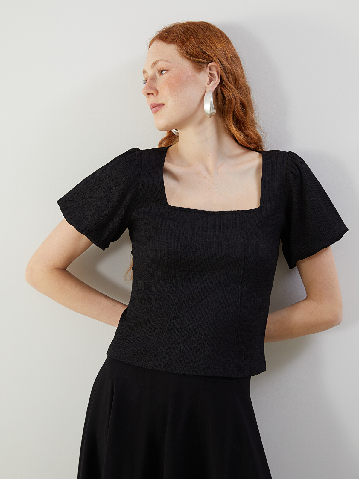 LCW Vision Square Collar Plain Short Sleeve Crop Women's Blouse