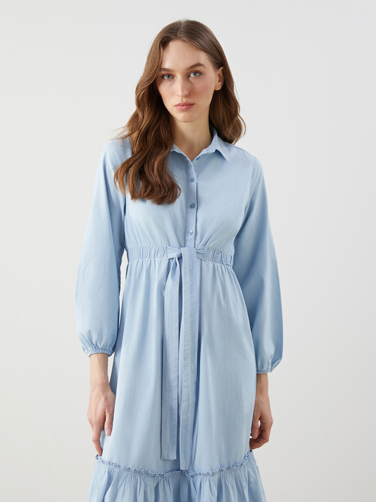 ゆき LCW Modest İndigo Gömlek Yaka Kadın Jean Elbise - S5H766Z8-311 | LCW