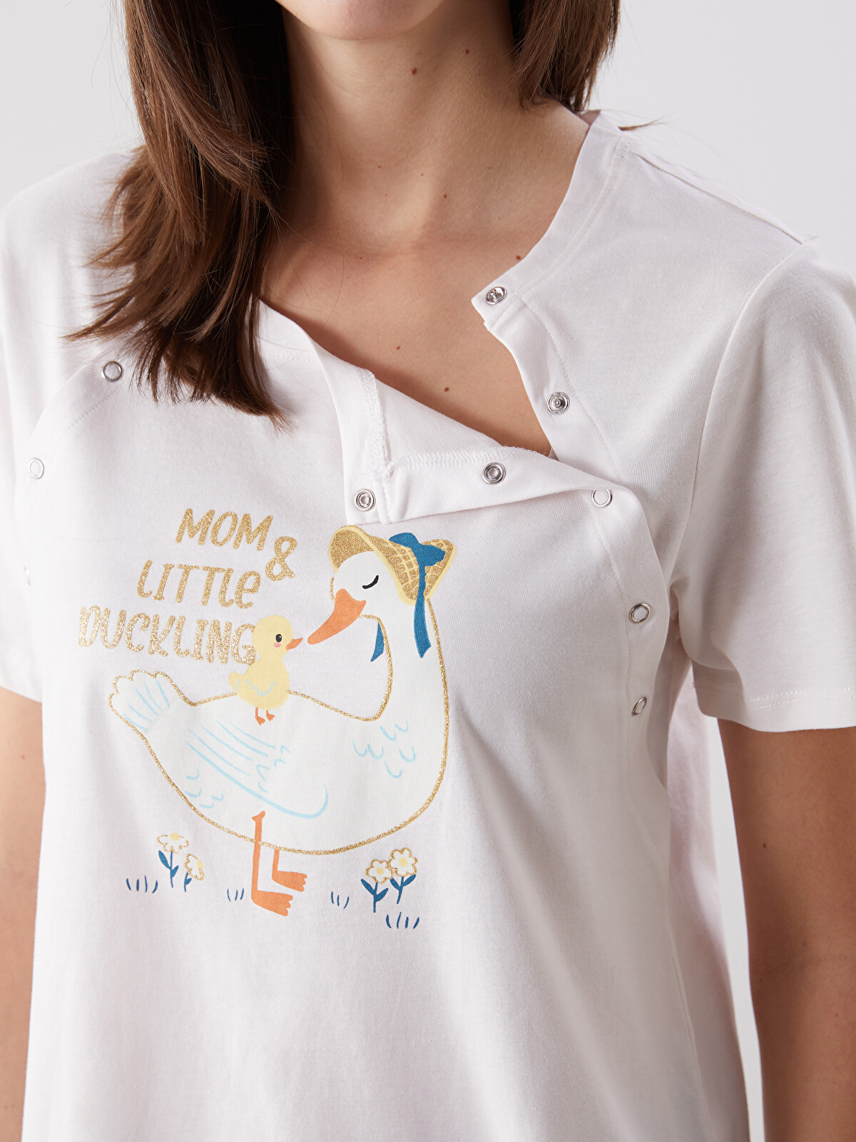 LCW DREAM Mavi Bisiklet Yaka Baskılı Hamile Kaprili Pijama Takımı