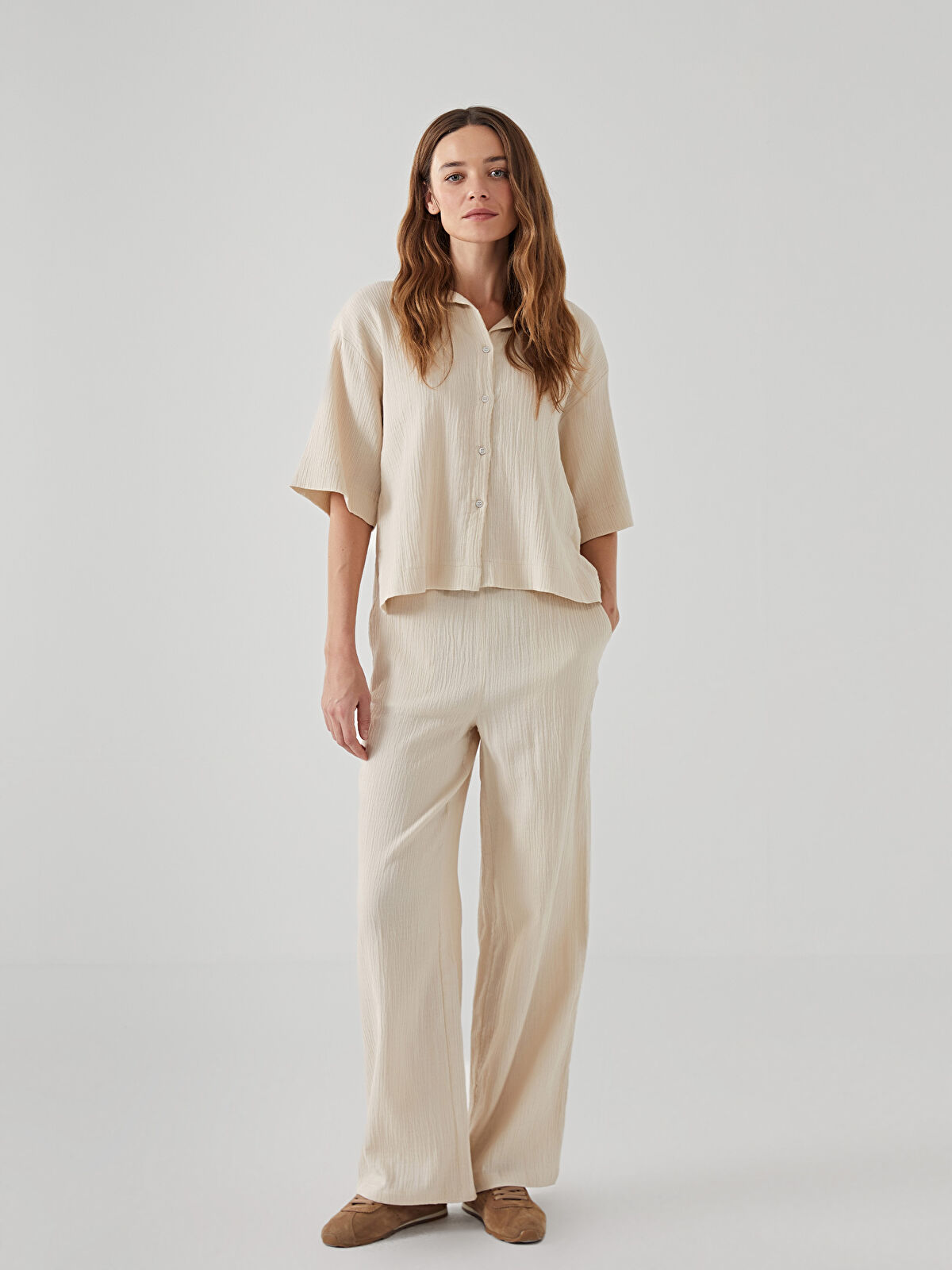 LCW Vision Bej Beli Lastikli Dokulu Kadın Pantolon - S5HR29Z8-DWR