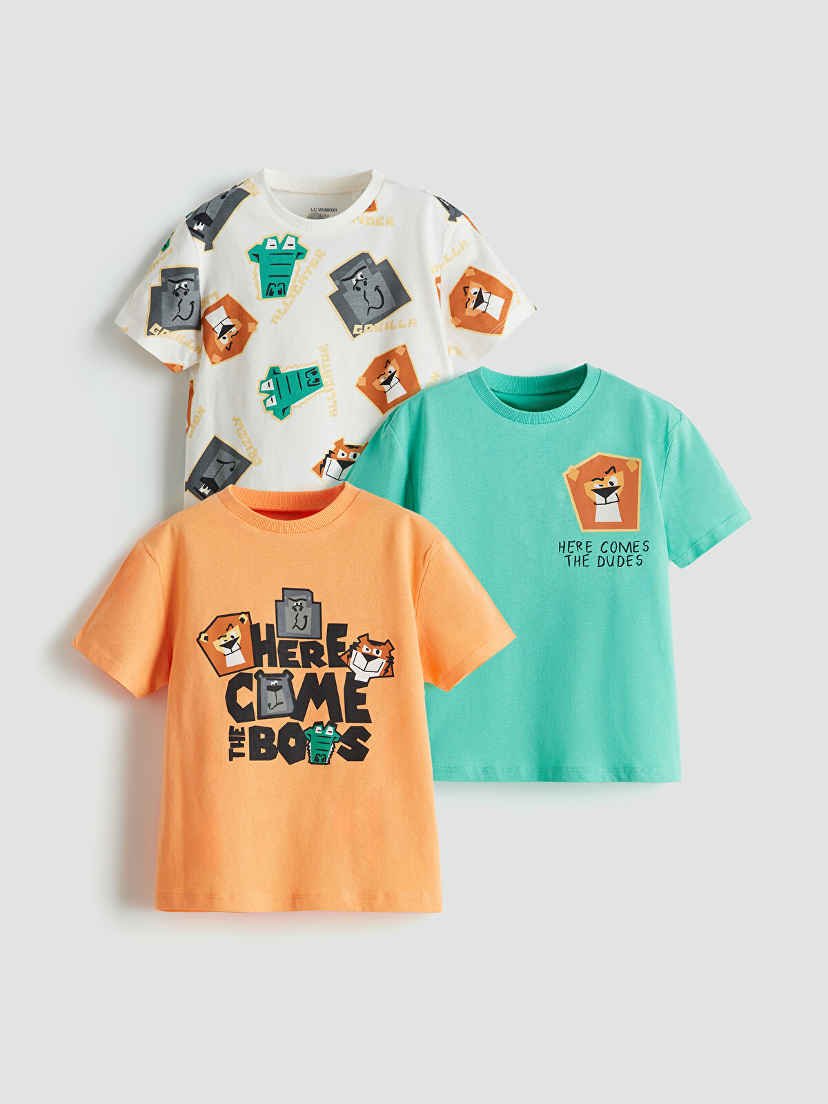 LCW Kids Turuncu Bisiklet Yaka Baskılı Erkek Çocuk Tişört 3'lü