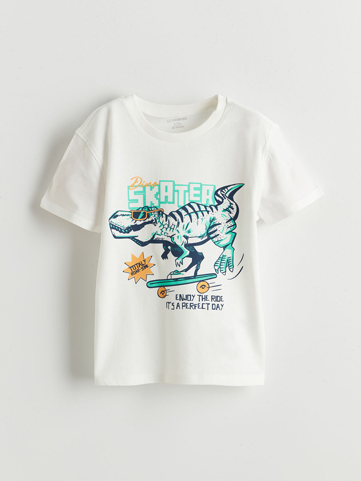 ▼order⑥ LCW Kids Beyaz Bisiklet Yaka Dinozor Baskılı Erkek Çocuk Tişörtü