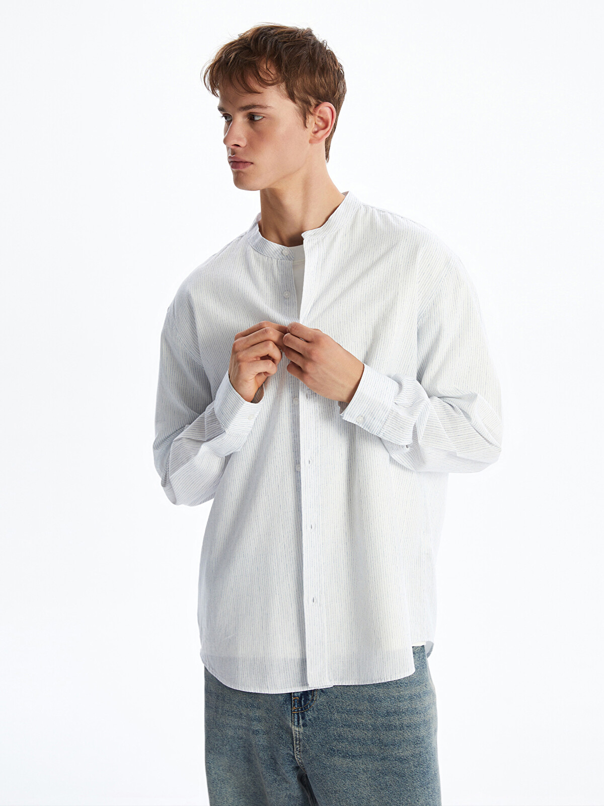 XSIDE Mavi Regular Fit Hakim Yaka Uzun Kollu Çizgili Poplin Erkek