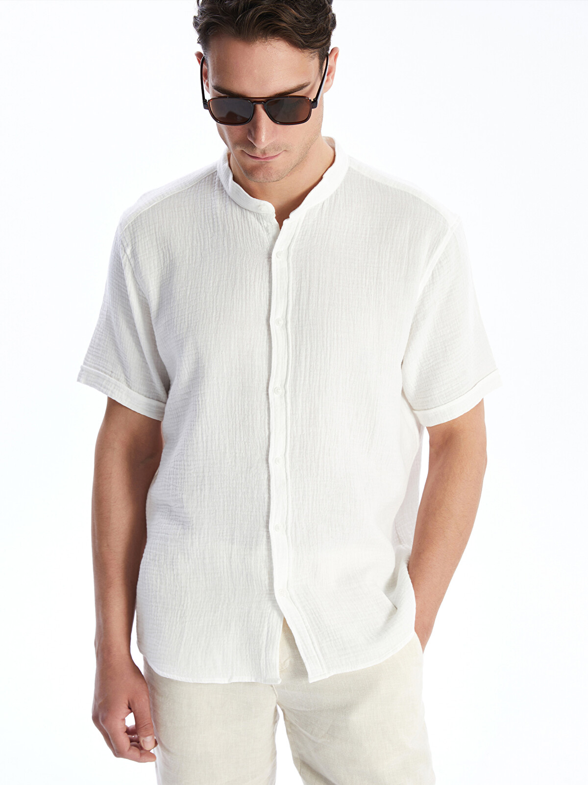 LCW Vision Regular Fit Grandad Collar Short Sleeve Muslin Men's