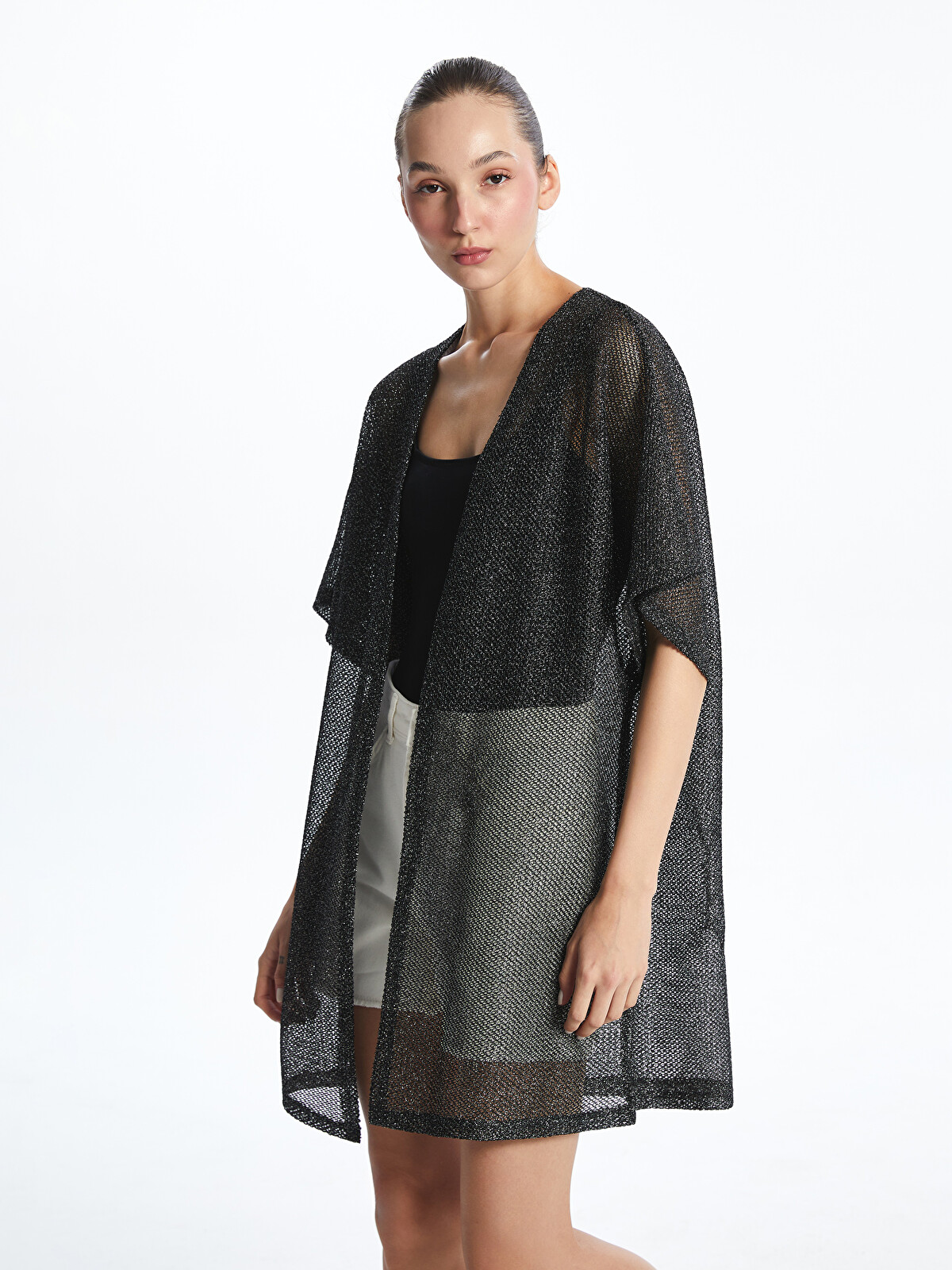 LCW DREAM Siyah Şal Yaka Parlak Görünümlü Kadın Kimono - S5JA49Z8