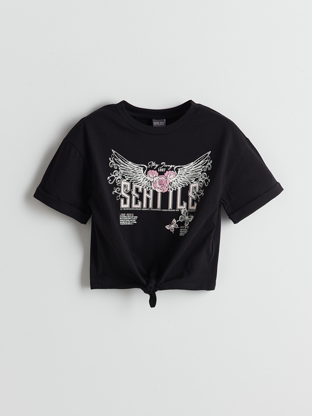 LCW ECO Siyah Bisiklet Yaka Kız Çocuk Crop Tişört - S5JD02Z4-CVL | LCW
