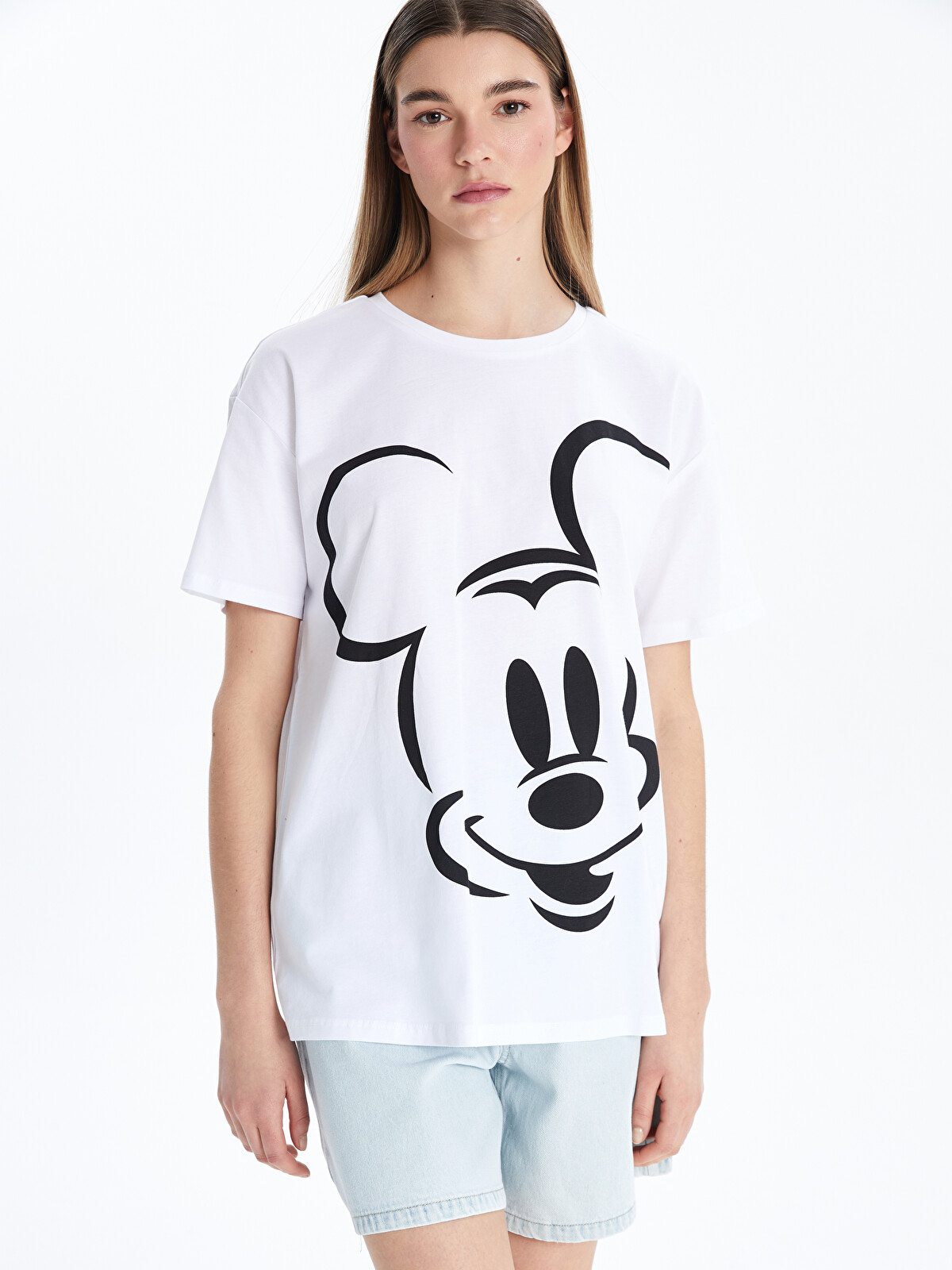みぃ！ XSIDE Bisiklet Yaka Mickey Mouse Baskılı Kadın Tişört - S5JH69Z8