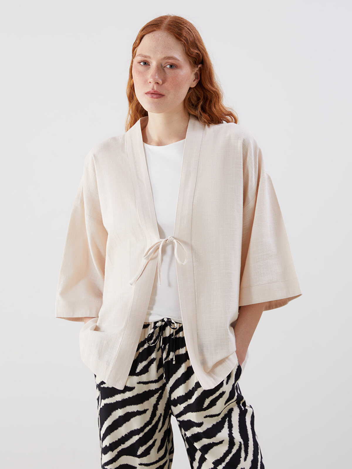 LCW Vision Shawl Collar Linen Look Oversize Women's Kimono