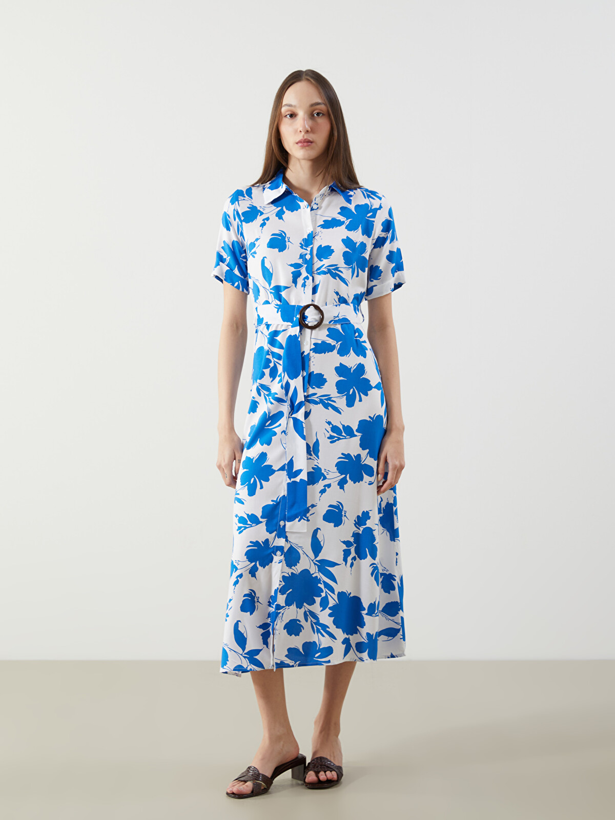 LCW Vision Floral Belted Shirt Dress - S5JO48Z8-LU7 | LC Waikiki