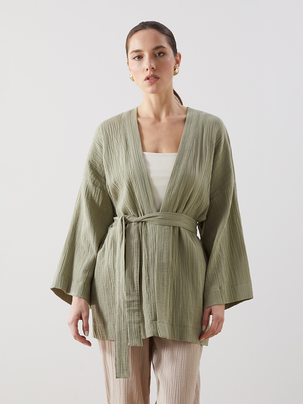 ♦︎konaya♦︎ LCWAIKIKI Classic Haki Şal Yaka Kadın Kimono - S5JU11Z8-HBV | LCW