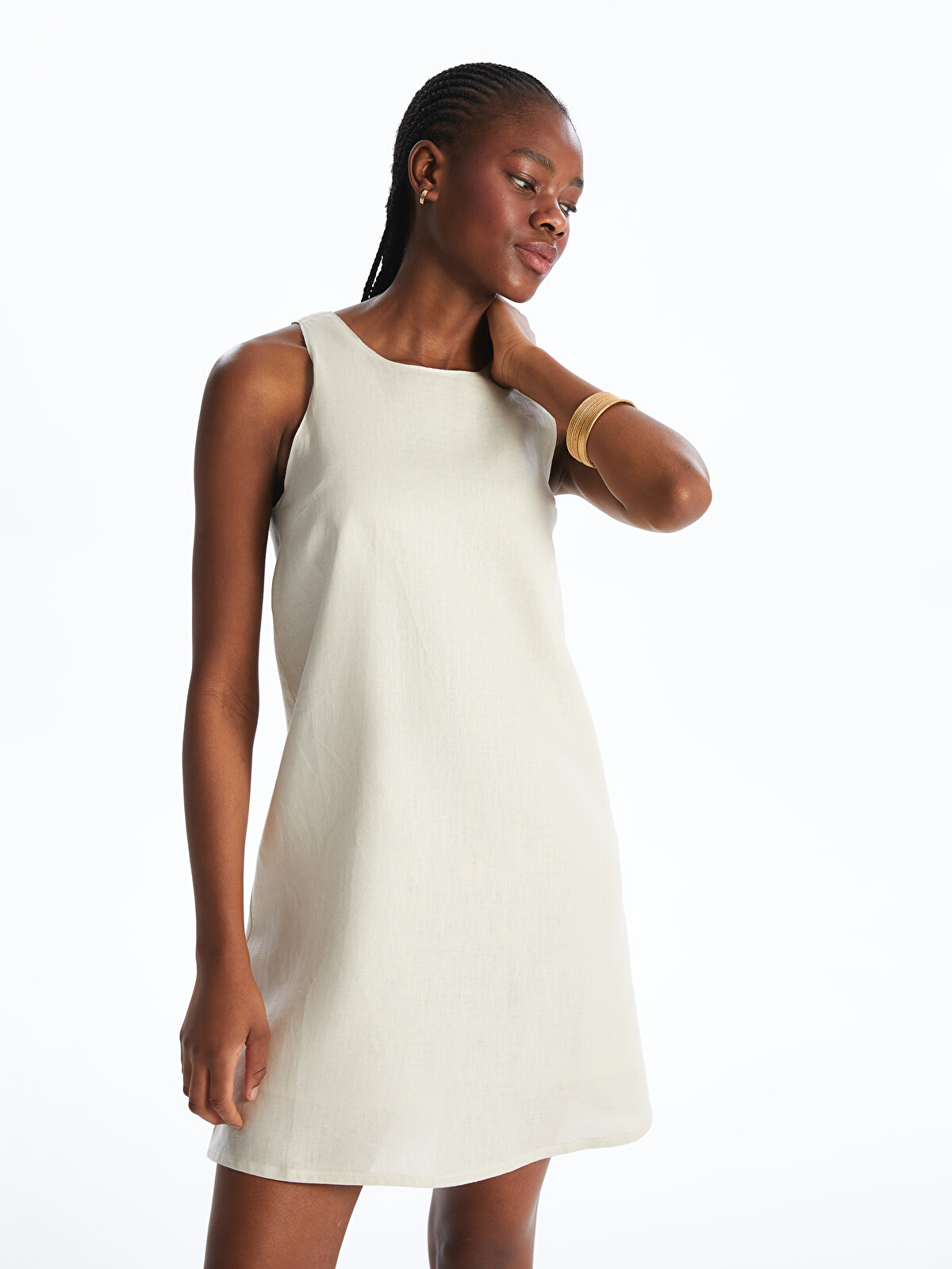 LCWAIKIKI Classic Crew Neck 100% Linen Mini Dress - S5JU70Z8-FZJ