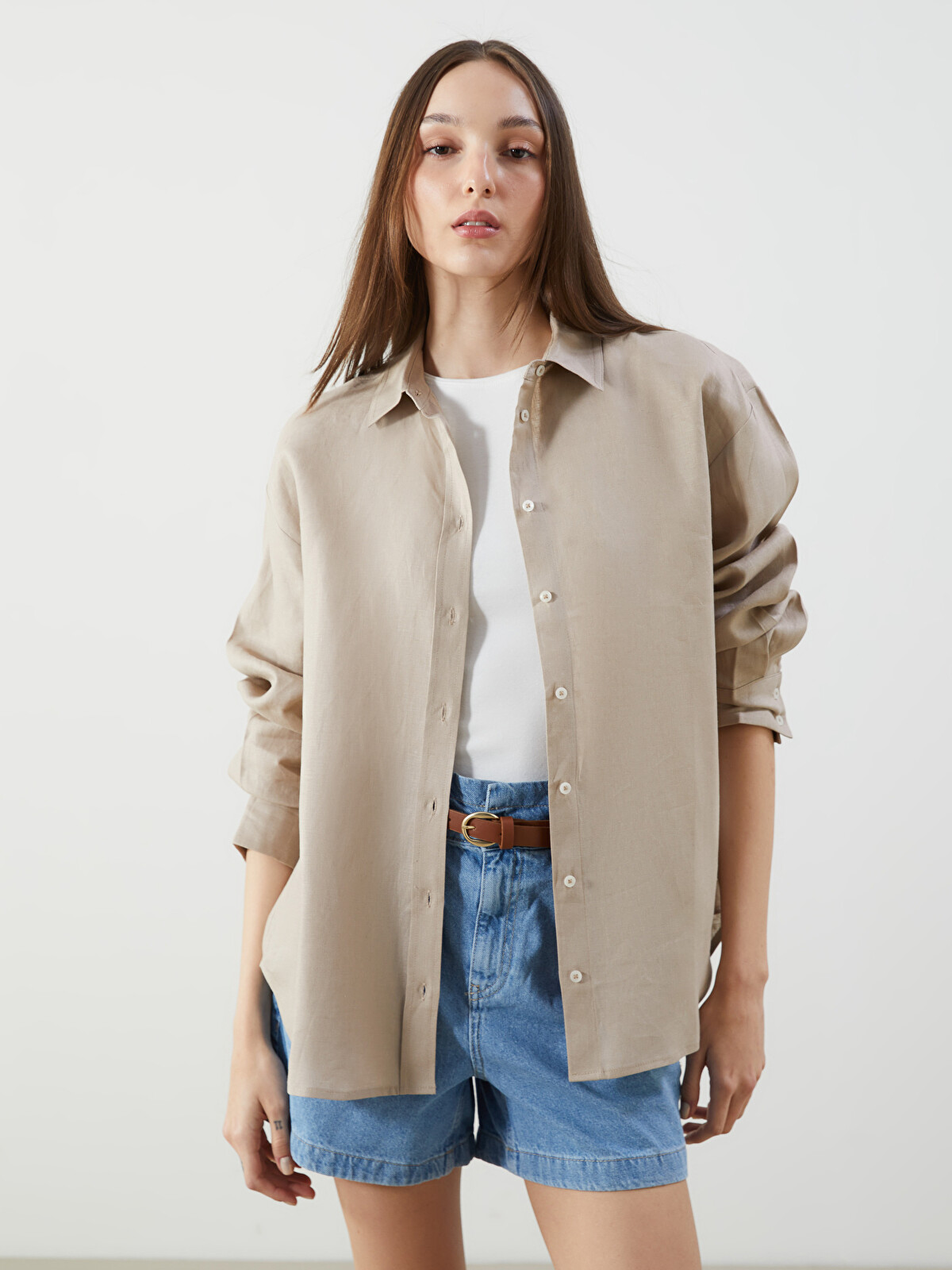 LCW Vision Oversize 100% Linen Women's Shirt - S5K015Z8-GHA | LC