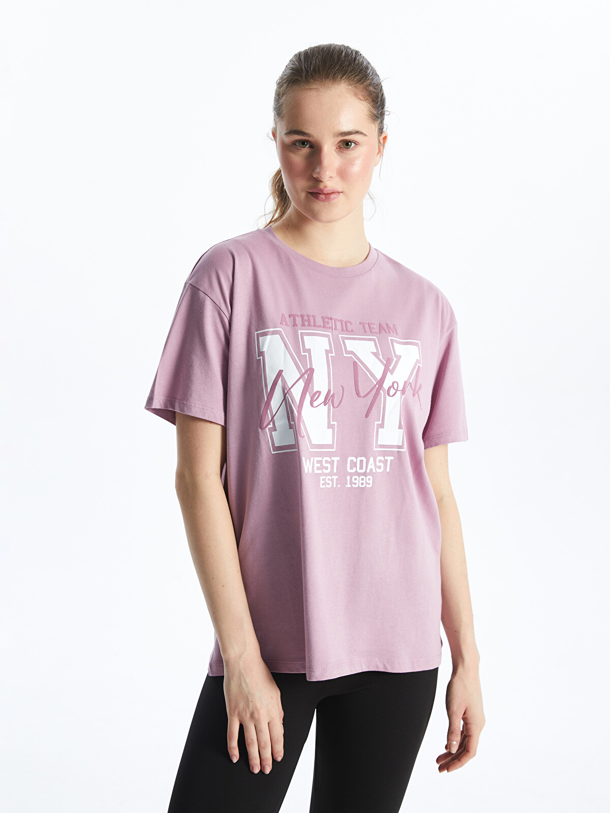 XSIDE ACTIVE Mor Bisiklet Yaka Baskılı Kadın Spor Tişört