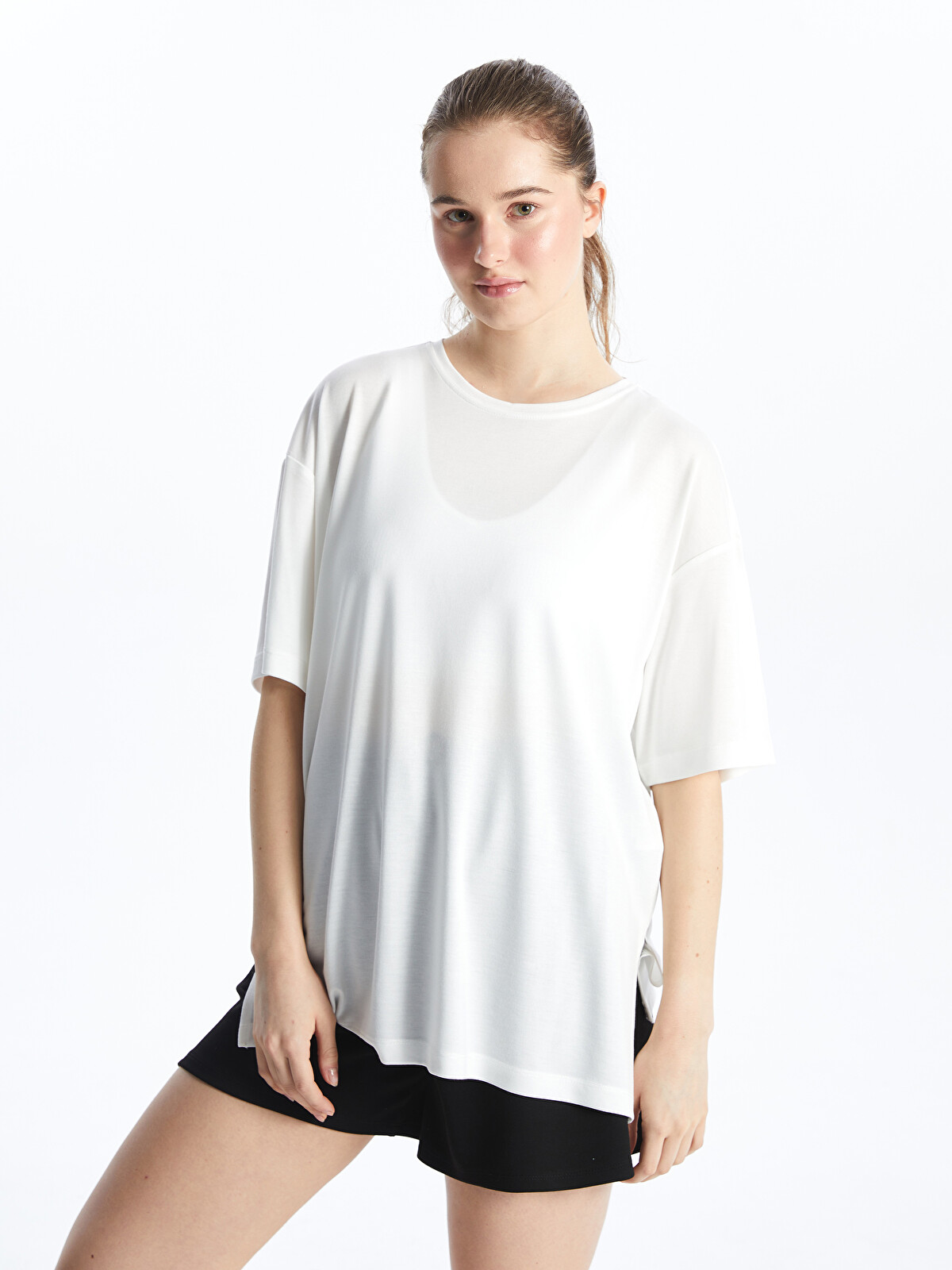 XSIDE ACTIVE Beyaz Oversize Modal Karışımlı Kadın Spor Tişört