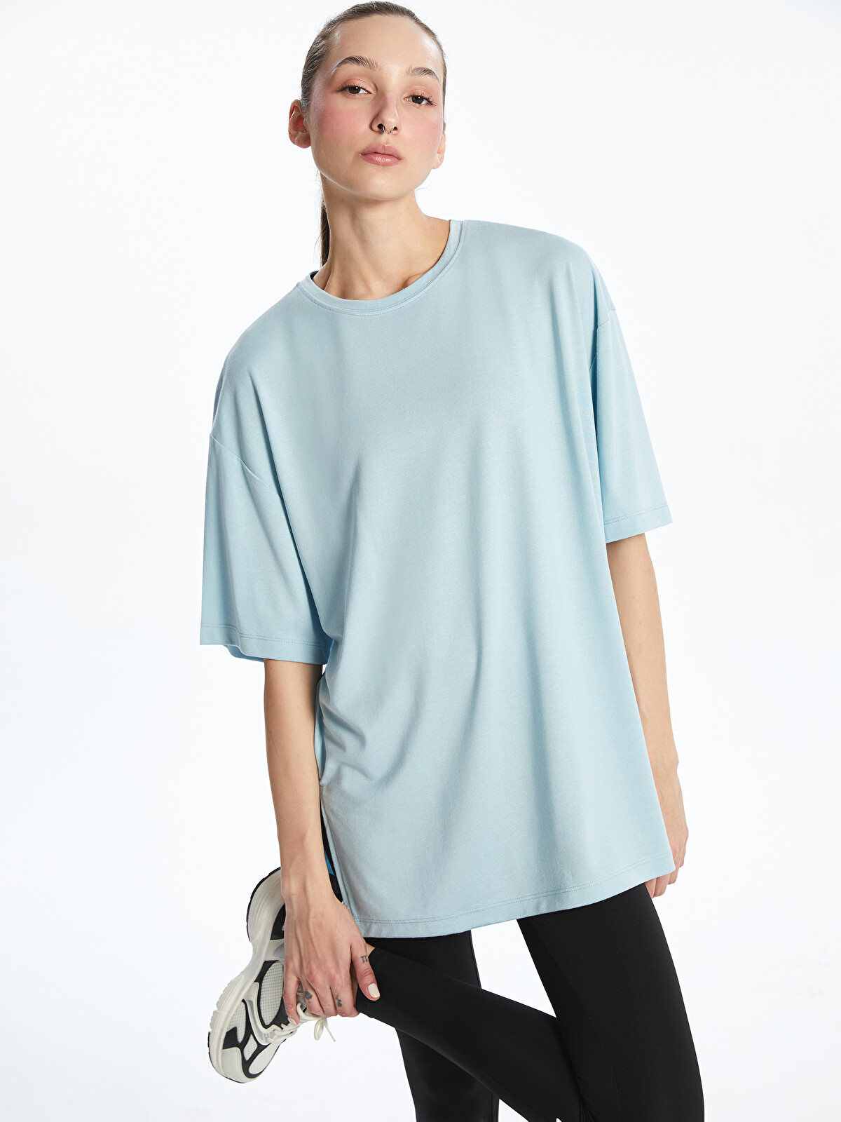 XSIDE ACTIVE Mavi Oversize Modal Karışımlı Kadın Spor Tişört