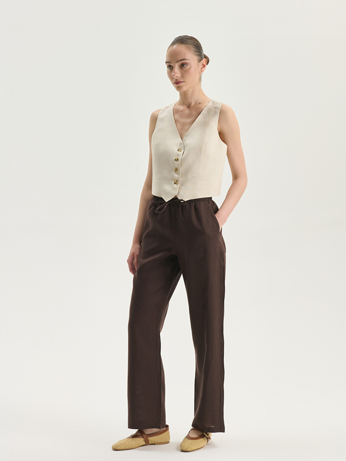 LCWAIKIKI Classic 100% Linen Women's Elastic Waist Trousers