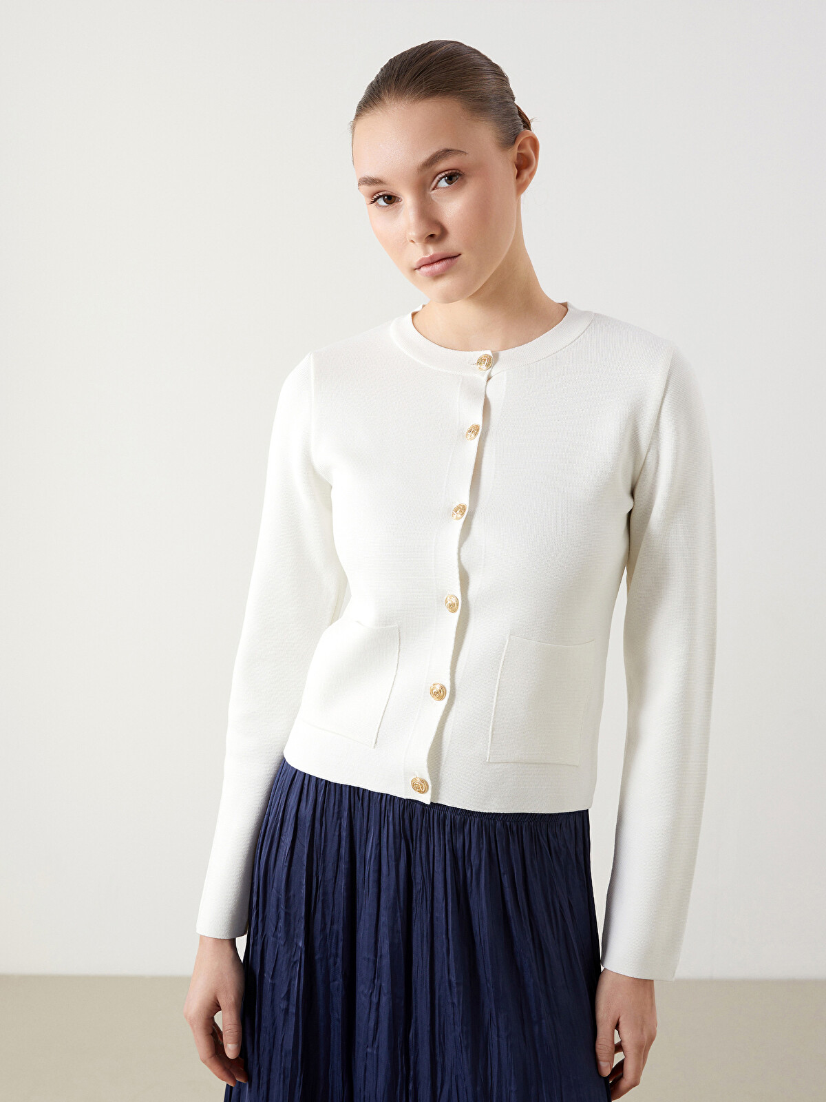 HKK　603040 ホワイトカラー LCW Modest Bej Bisiklet Yaka Kadın Triko Hırka - S5KI40Z8-QVK | LCW