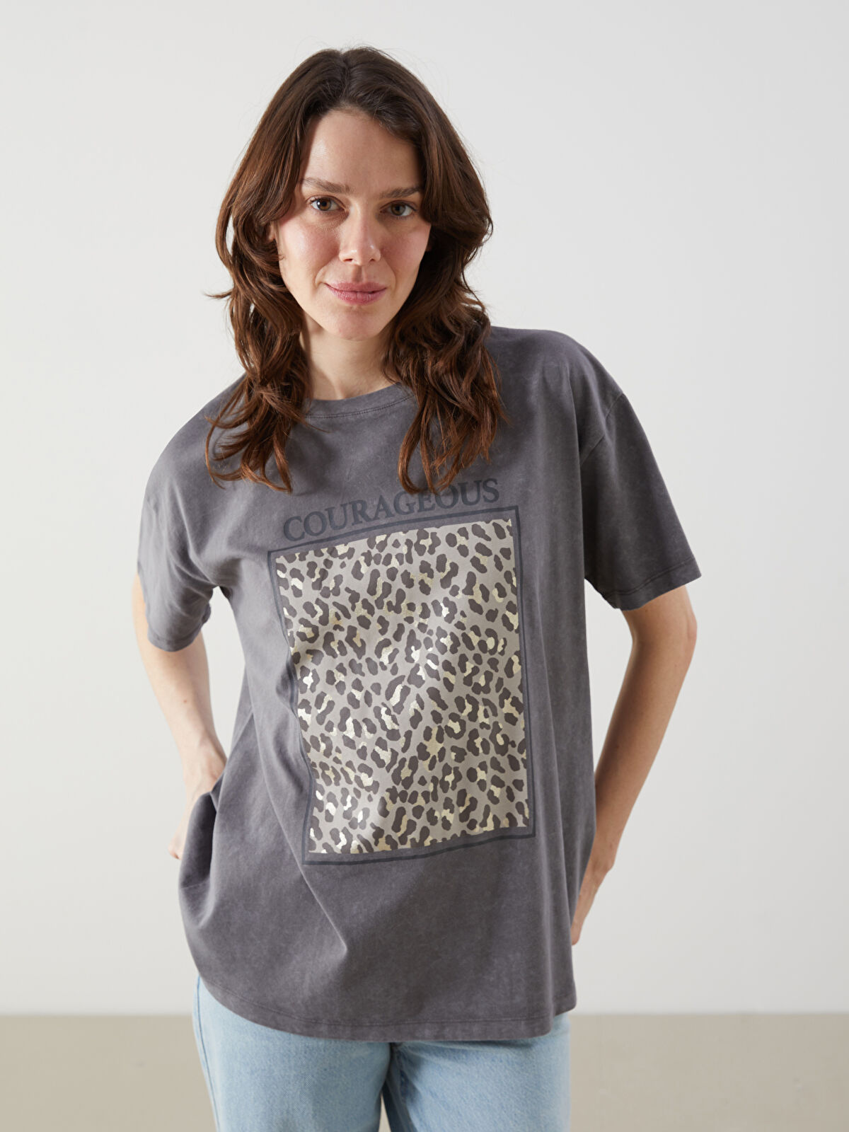 LCW Comfort Bisiklet Yaka Baskılı Kadın Tişört -S5KP58Z8-502 | LCW