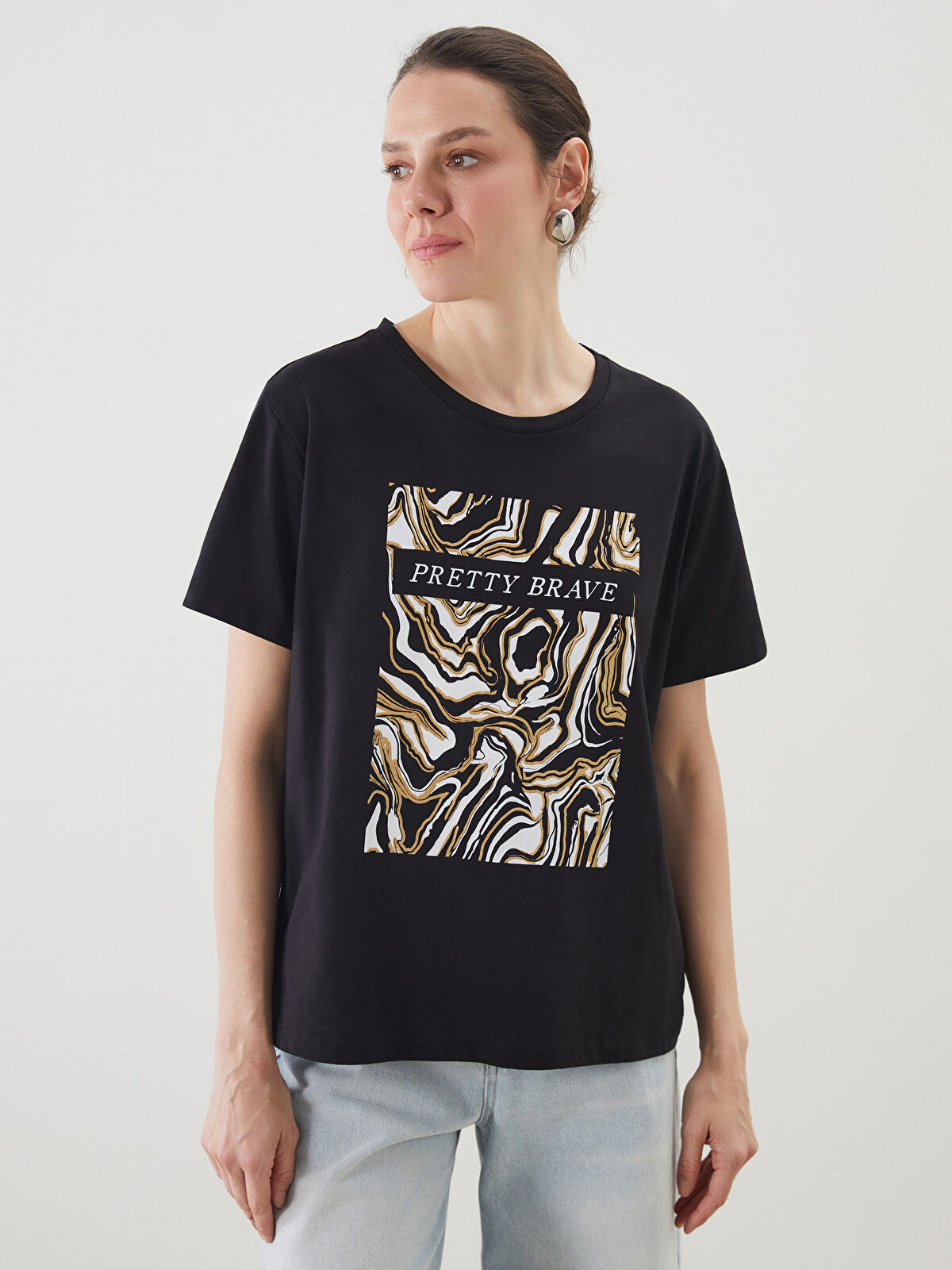 LCW ECO Siyah Bisiklet Yaka Baskılı Kadın Tişört - S5KR10Z8-HEG | LCW