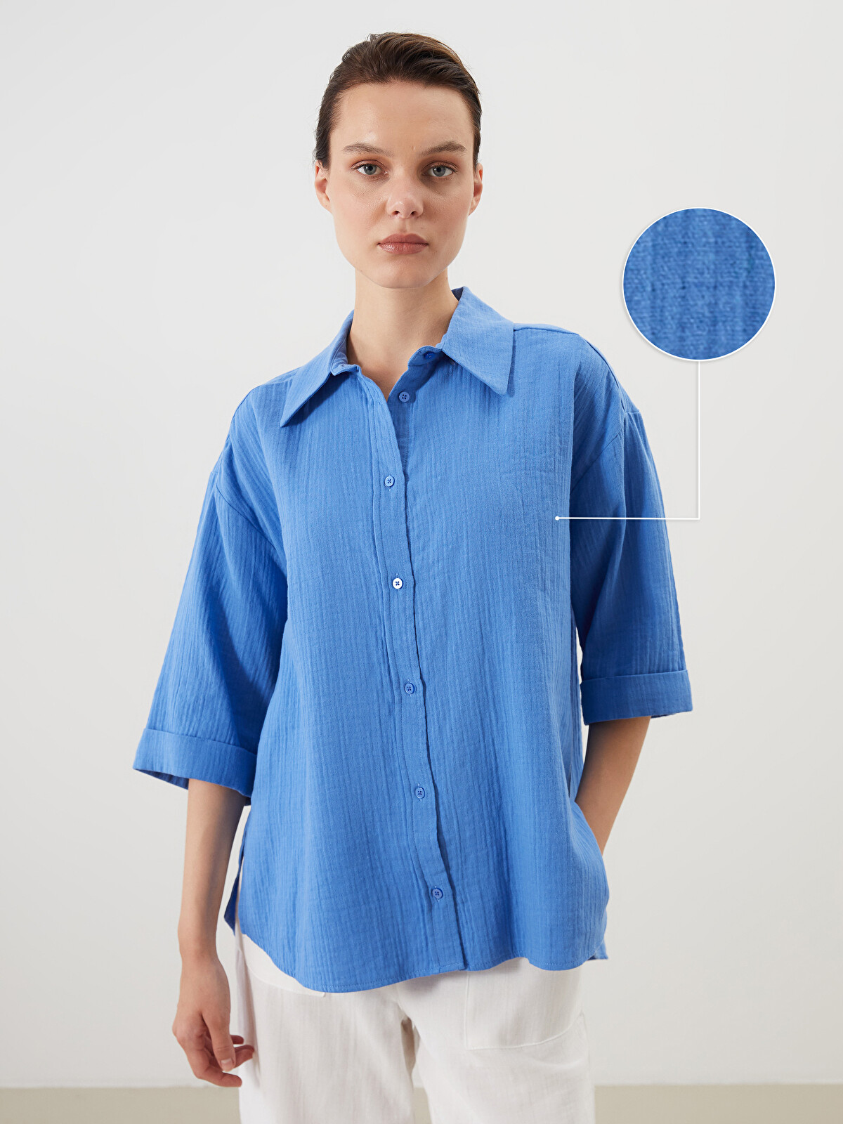 LCW Comfort Mavi Oversize Dokulu Kadın Gömlek - S5KV78Z8-K6M | LCW