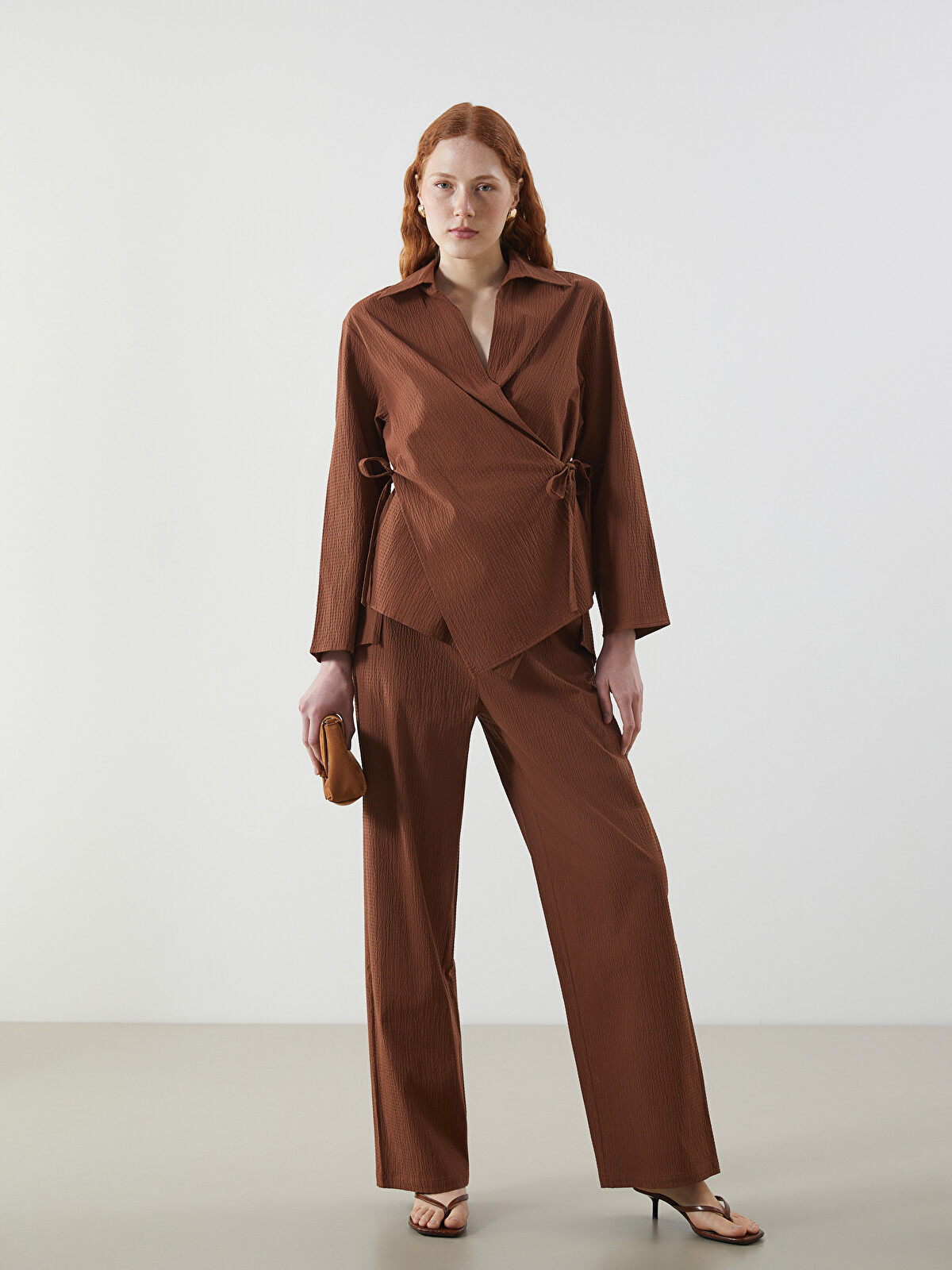 LCW Vision Kahverengi Kruvaze Yaka Oversize Kadın Kimono